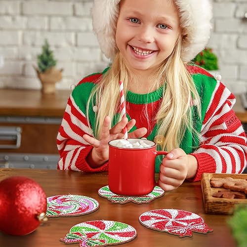 Miniatura 6 de YLOLUL Juego de posavasos de diamantes de caramelo de Navidad, 10 unidades, posavasos de arte de diamantes de caramelo con soporte para