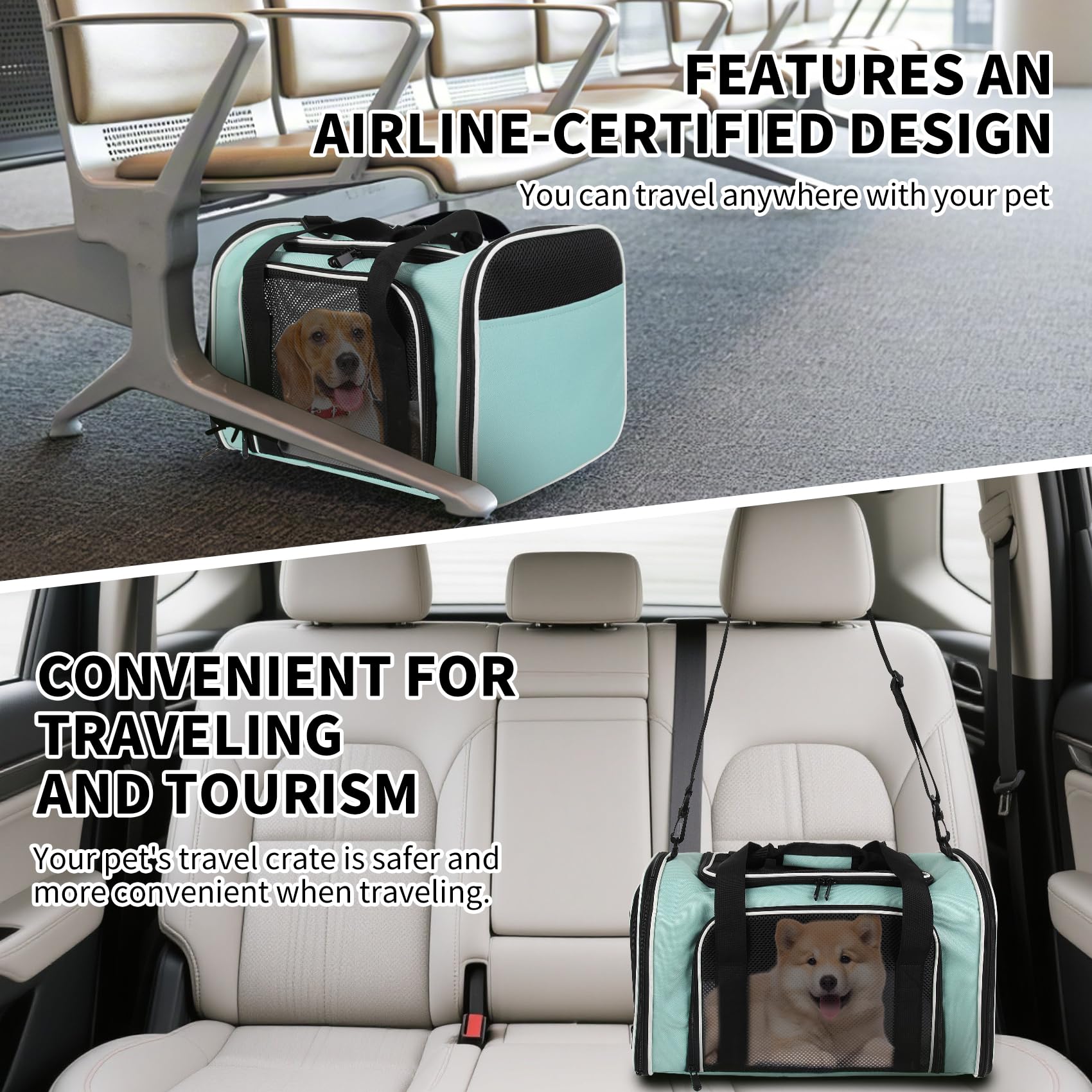 Carriers - Transportador de viaje para mascotas de lado suave para gatos pequeños y perros de menos de 25 libras, bolsa de transporte sólida aprobada por aerolíneas (mediano, verde)