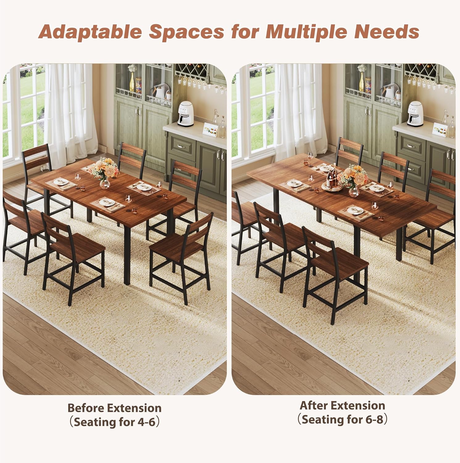 Comparison of the dining table before and after extension, showing seating capacity for 4-6 and 6-8 people respectively.