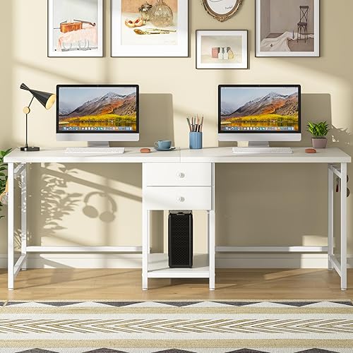Miniatura 6 de Tribesigns Escritorio extra largo de 79 pulgadas, escritorio doble con 2 cajones, escritorio largo para computadora para dos personas con estantes