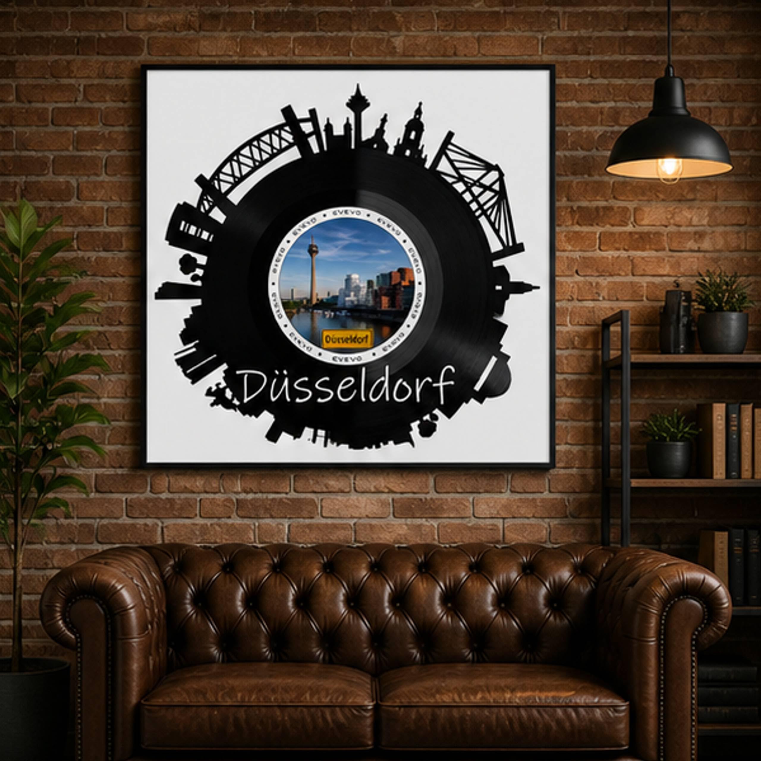 EVEVO Dekoracja ścienna z płyty gramofonowej w ramie 32 x 32 cm Düsseldorf – winylowa sztuka ścienna, nowoczesna panorama, prezent dla fanów architektury Dusseldorfu