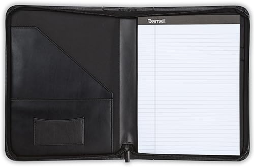 Vista 6 de Samsill Padfolio de cuero con cremallera de punto de contraste, cartera de negocios ligera y elegante para hombres y mujeres, cartera para currículo