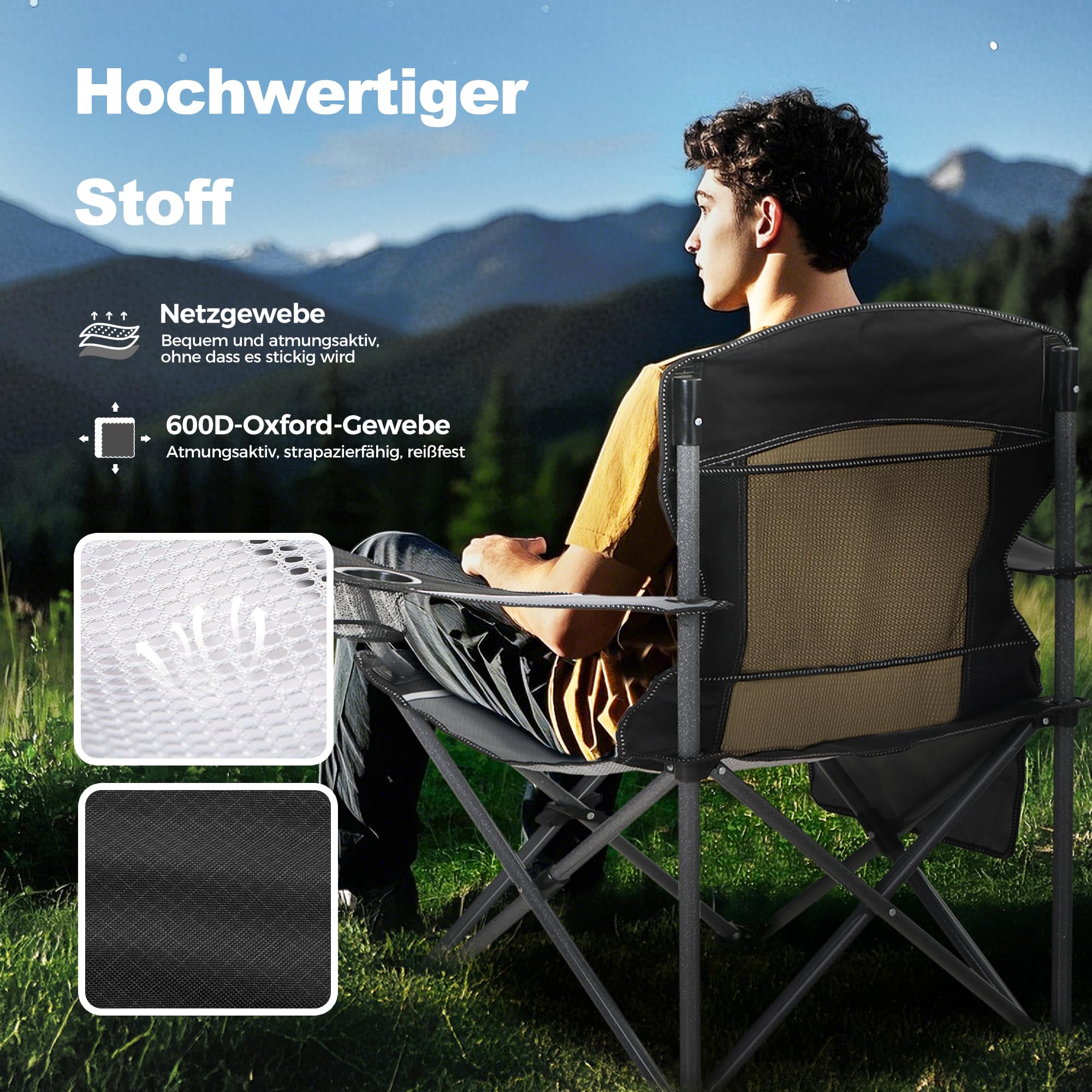 LET'S CAMP Netzrücken Campingstuhl Tragbar Klappbar Campingstuhl Faltbar Camping Stuhl mit Getränkehalter Tragetasche für Camping, Angeln, Wandern bis 150kg