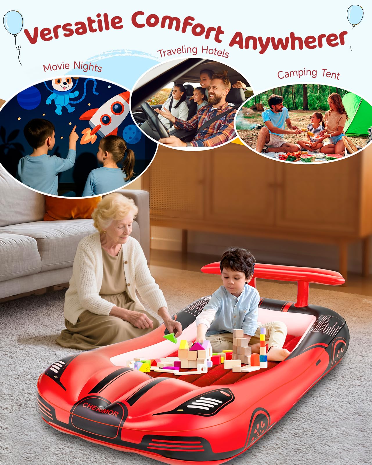 CHERIMOR Letto gonfiabile da viaggio per bambini con paraurti di sicurezza e pompa di gonfiaggio automatico di 2 minuti, materasso ad aria portatile per bambini, con borsa per il trasporto, per