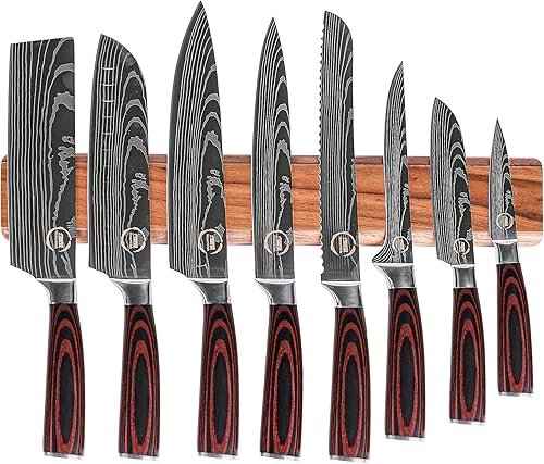 8 cuchillos de chef  Cuchillos de acero inoxidable de alto carbono con asas de madera de Pakkawood  Soporte de tira magnética incluido  Juego de