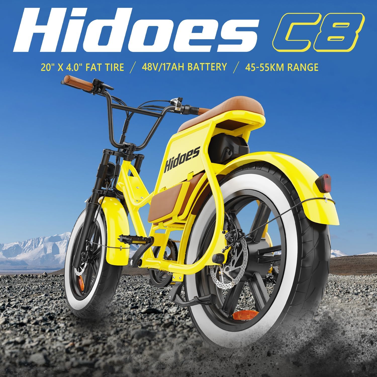 Hidoes C8 Electric Bike with 20 inch fat tire and battery range details