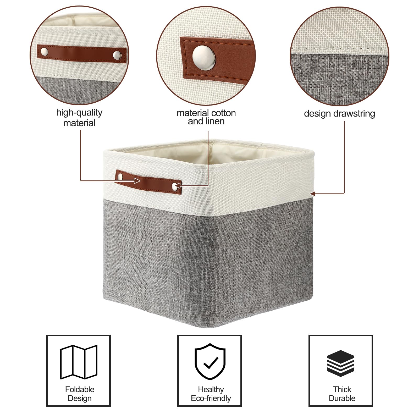 Uiifan 10 cestini portaoggetti pieghevoli in tessuto, con manici, in lino, per scaffali, casa, armadio, asilo nido e giocattoli (grigio e bianco, 30,5 x 30,5 x 30,5 cm)