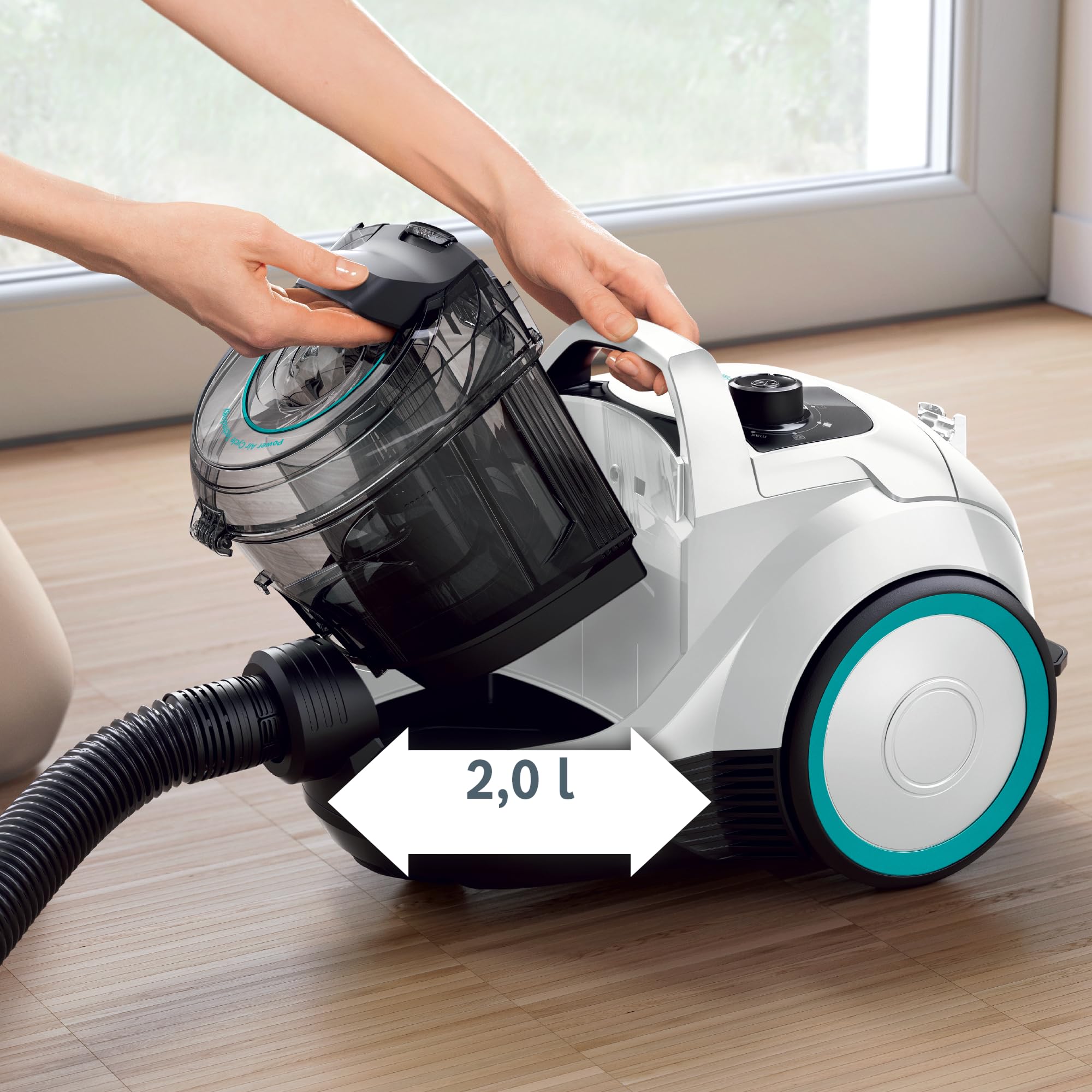 Bosch Serie 4 ProHygienic Odkurzacz 550 W, BGC21HYG1, biało-turkusowy | Bezworkowy | Cylindryczny | Filtr higieniczny UltraAllergy | Mocny | Kompaktowy