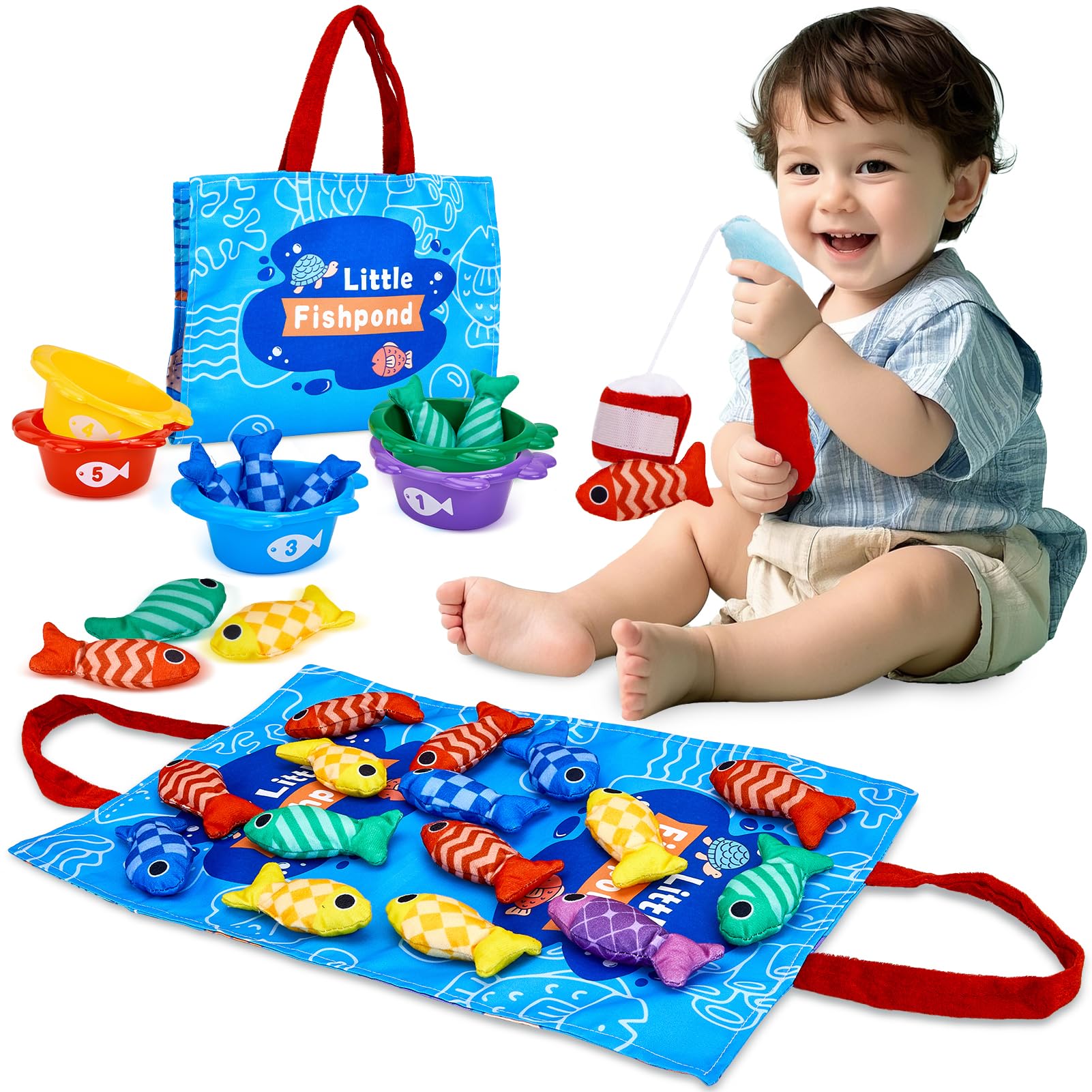 Montessori - Juego de pesca para niños pequeños de 1 a 3 años, regalo de cumpleaños 10 en 1, juego de pesca de tela para niños pequeños de 1 año con tazas apilables, conteo de números