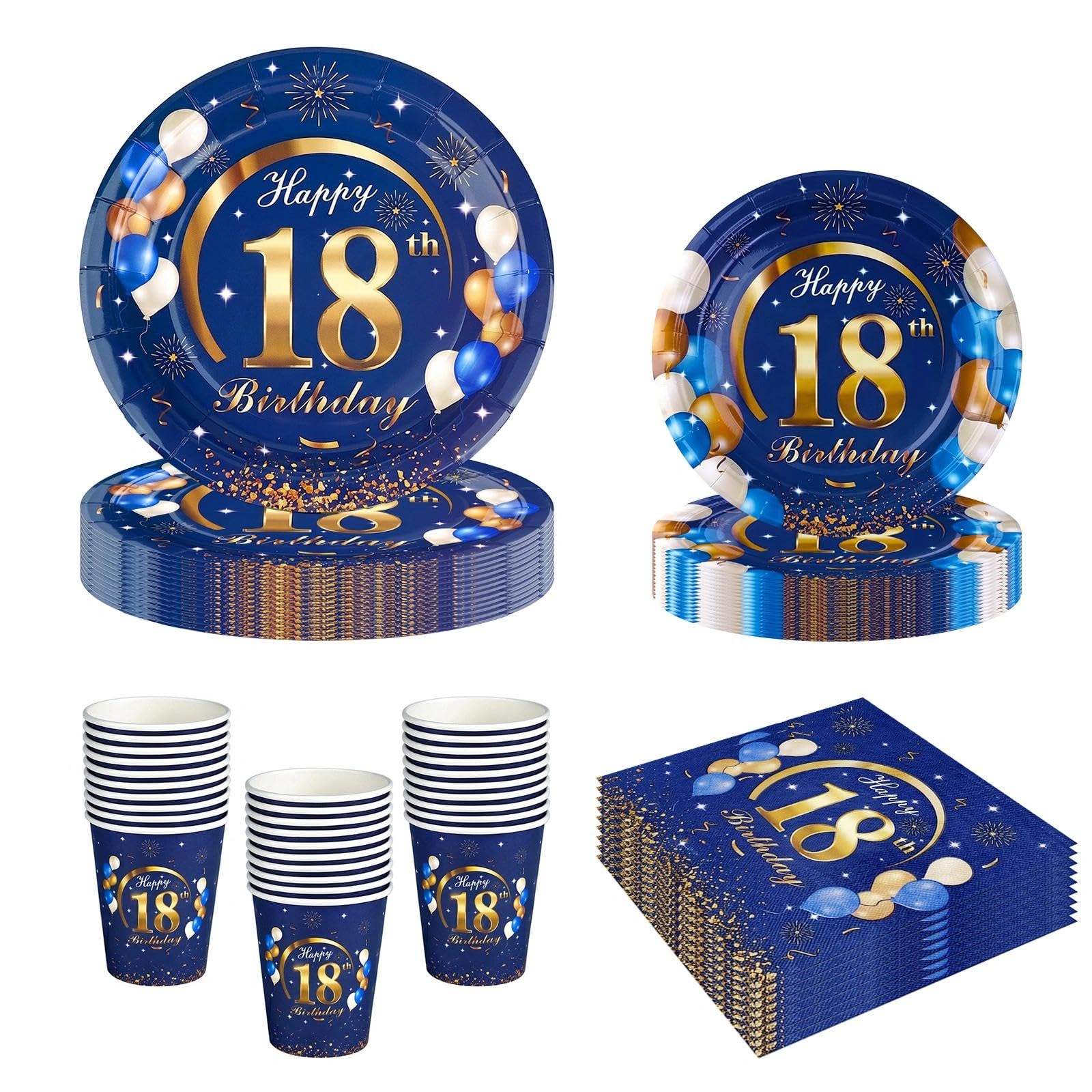 68Pcs 18th Birthday Party Plates Cups and Napkins, Blue Gold 18th Birthday Decorations, 7" and 9" Disposable Paper Plates, Disposable Party Tableware Set Serves 16 Guests for Men Him Women Her