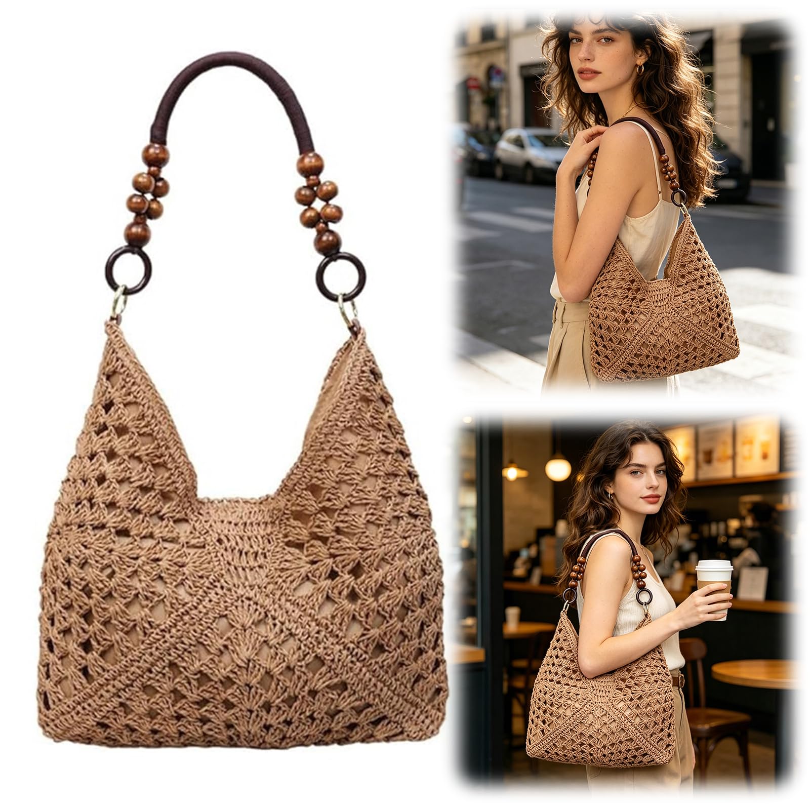 Sacs en Paille à Perles, Sac Bucket en Crochet pour Femmes, Sac à Épaule Tissé pour Été, Accessoire de Plage et Vacances