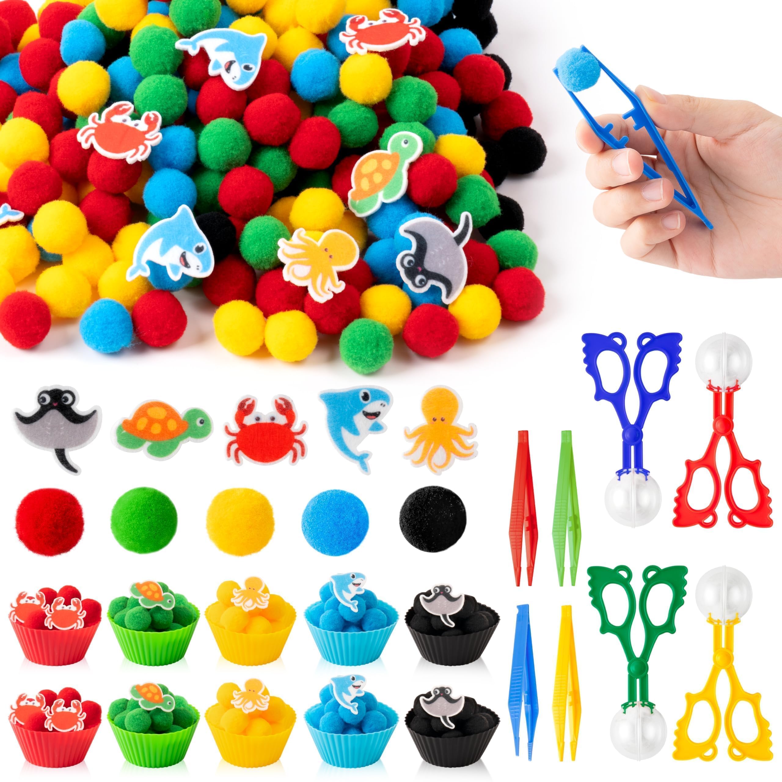 EZdhuawuse Summer Sensory Bin Fillers - 387Pcs Sea Ocean Animal Multi-Pack Fine Motor Toys Math Color Sorting Set for Multiple Kids, Felt Shark Crab