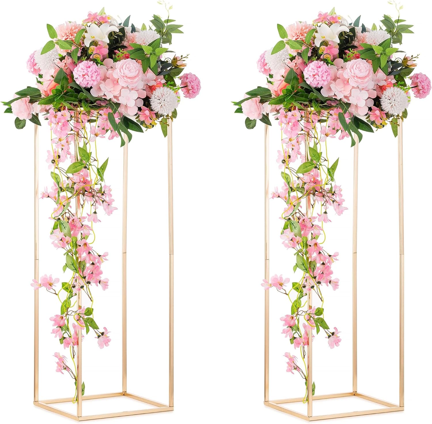Column Vases Wedding Centerpieces for Tables - 2 Pcs Metal Flower Stand, Gold Tall Floor Vase, 31.5in Rectangular Geometric Flower Rack for Wedding Decorations, Event, Home, Party Gold 2 Pcs - Large