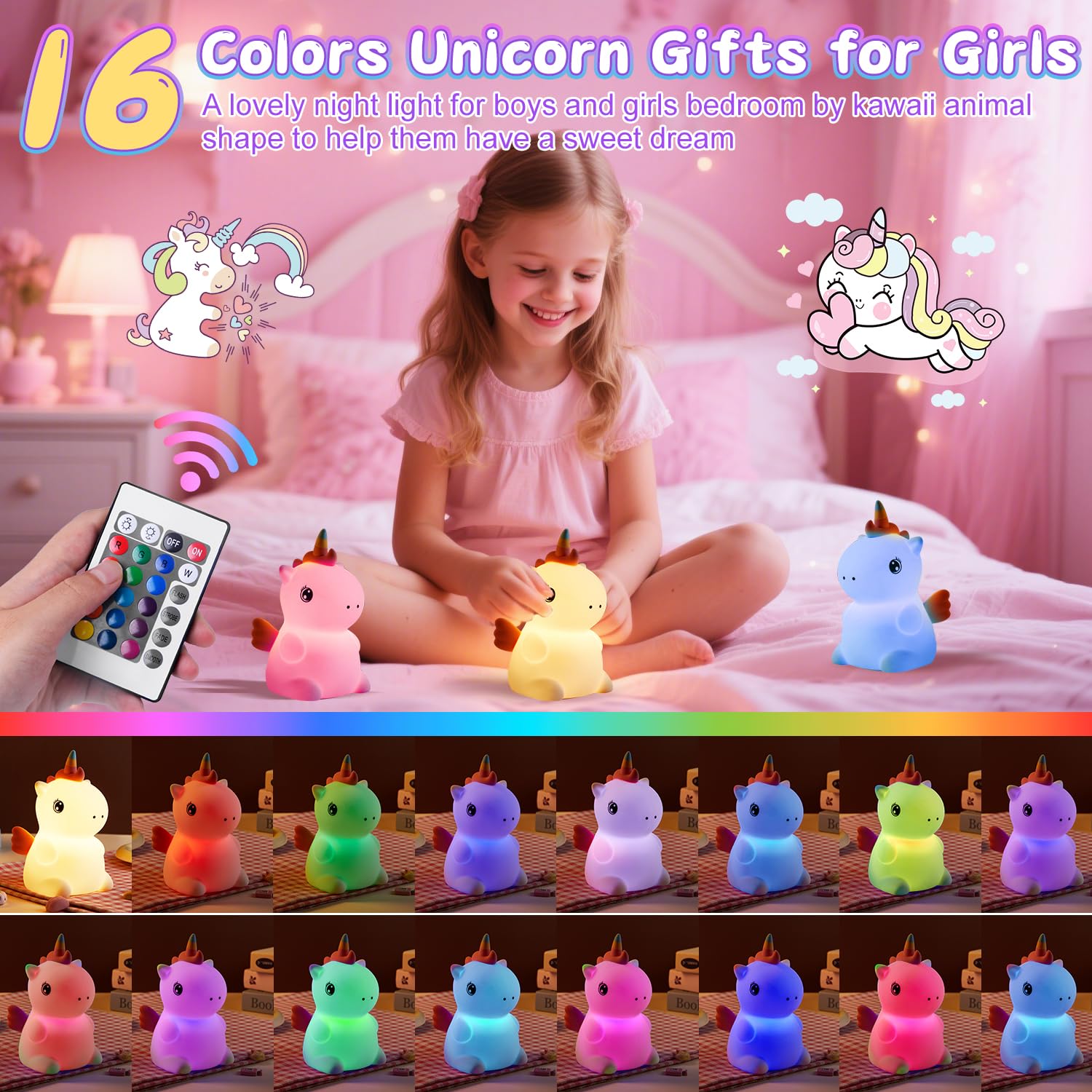 Pipihome Unicorn Gifts for Girls Night Light with 16 Colours, Dimmable Table Lamp - Image 2