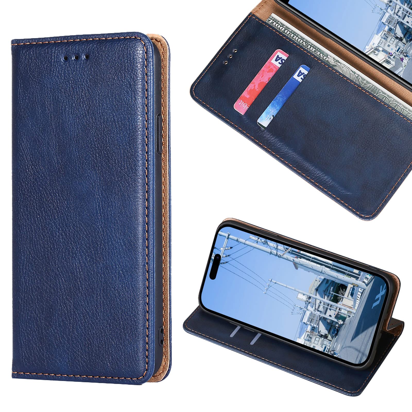 KWATUNG iphone 14pro用ケース 手帳型 アイフォン14プロ用ケース 手帳型 マグネット式 スタンド機能 合皮レザー【ブルー】