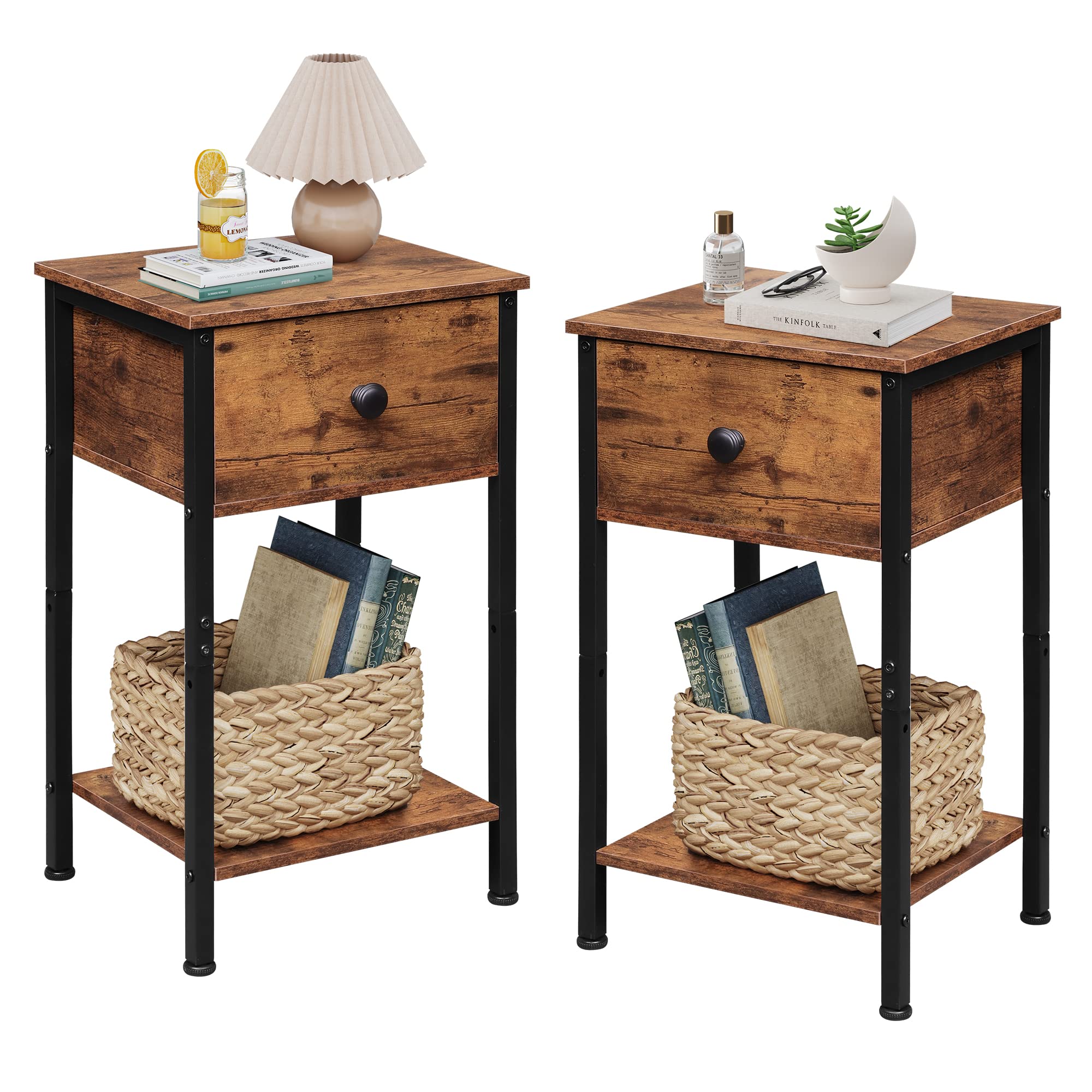 WLIVENightstands Set of 2, Bedside Tables with Adjustable Wooden Drawer, 2-Tier Night Stands for Couch, Bed, Sofa, End Table Side Table for Bedroom, Living Room, Rustic Brown