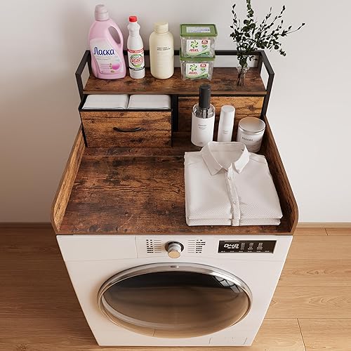 Miniatura 6 de Lavadora secadora de 2 niveles individual con estante y cajón de fábrica, decoración de lavandería con borde y almohadilla antideslizante para