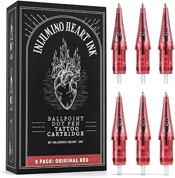 Inlumino Heart Ink Ballpoint Pen Cartridge - Original Red Ink 6 Pack - Tattoo Practice Cartridge for Rotary Tattoo Machine - Permanent Ink for Flash Art Making - Faux Skin Alternative