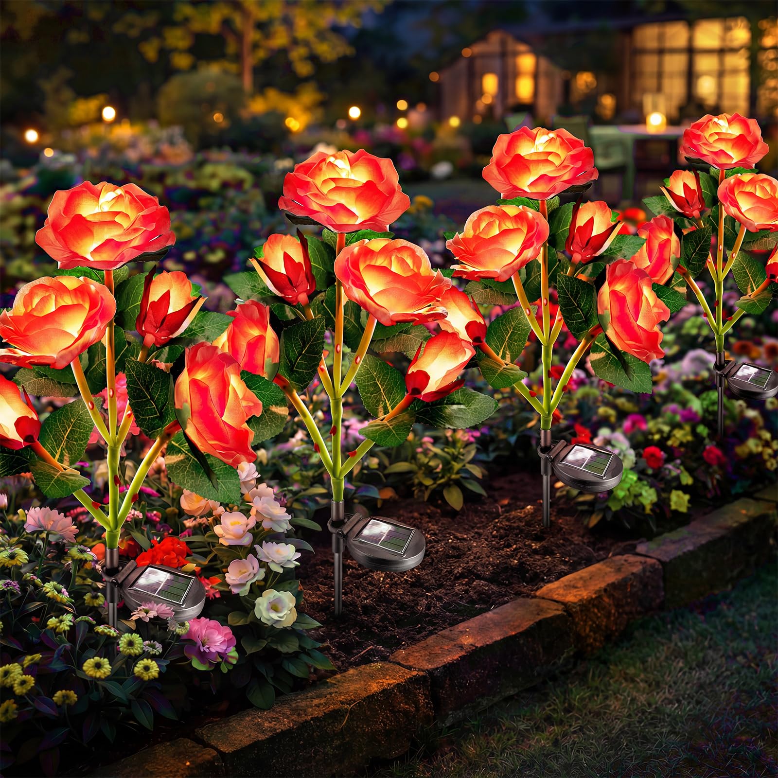 Anordsem Solar Garden Lights Outdoor: 20 Waterproof Fabric Roses 4 Pack - Red LED Flower Decorations for Yard Patio Path Cemetery Grave - Mother’s Day Gift for Her Women Mom Wife