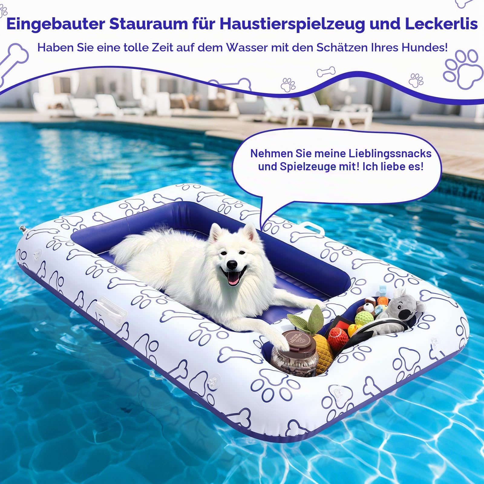 MoKo Pool Luftmatratze für Hunde, 150x90 cm für Hunde der Größen S/M/L, Schwimmmatratze mit Integriertem Staufach für Spielzeug und Futter, Aufblasbare Matratze, Blau Knochen Klaue