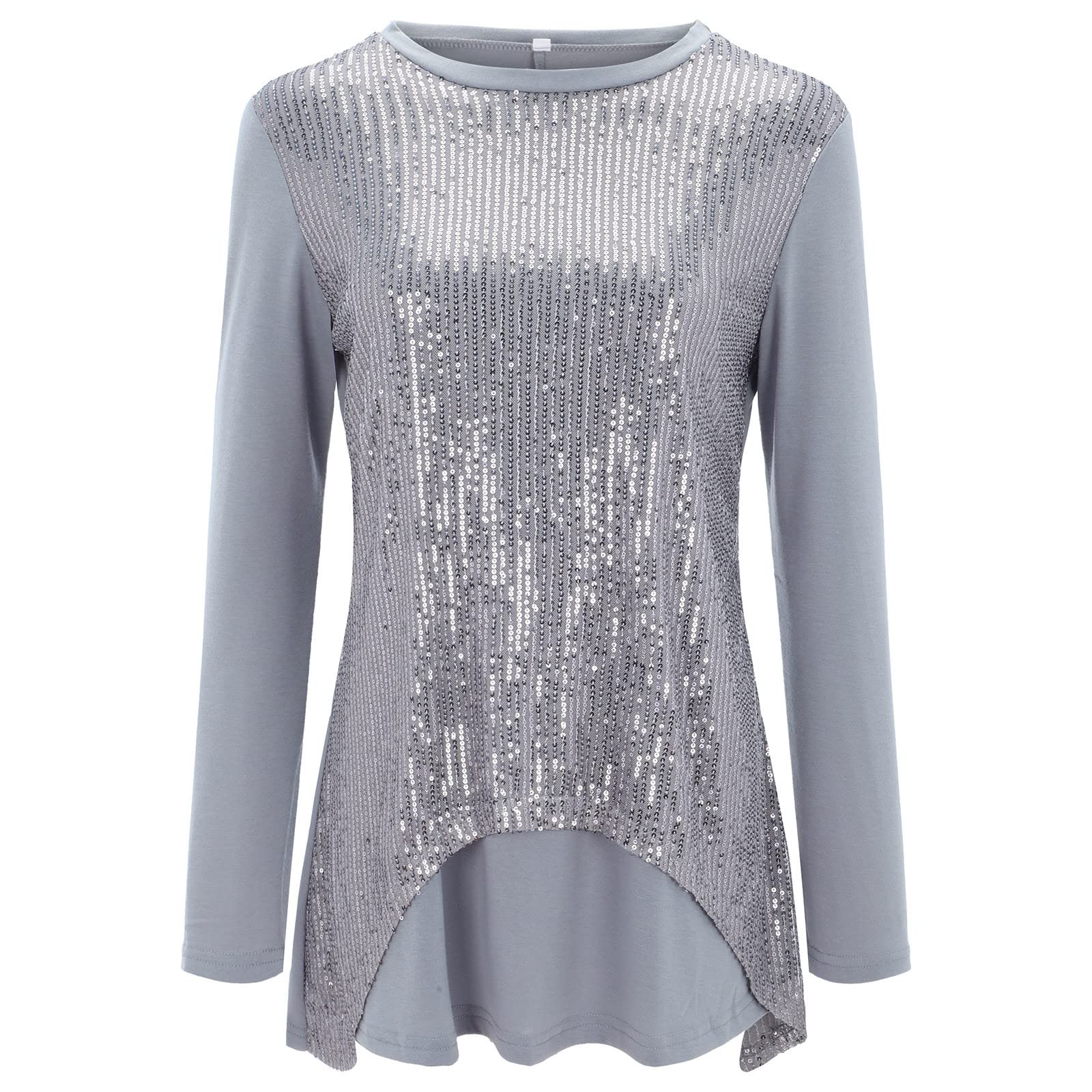Glitzer Oberteile Damen Rundhals - Pailletten Bluse Damen Elegant Festlich T Shirt Langarm Asymmetrisch Lockere Casual Langarmshirt Pullover Tunika Top Party Oberteil Blusen & Tuniken für Frauen