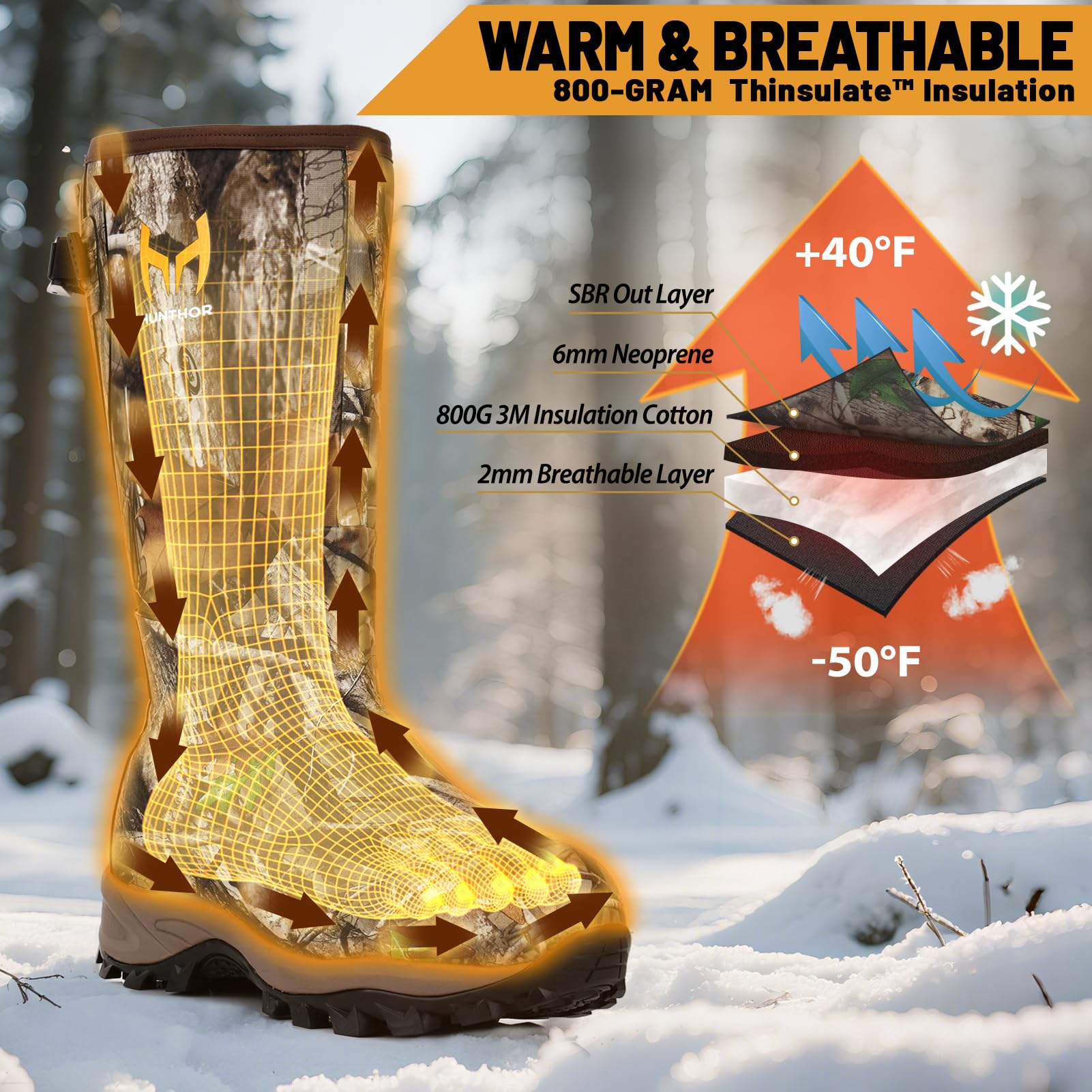 Gummi-Jagdstiefel für Herren mit 800 g Isolierung, wasserdicht, isoliert, 6 mm Neoprenschuhe für Outdoor-Jagd (Next Camo, Größe 39-42)