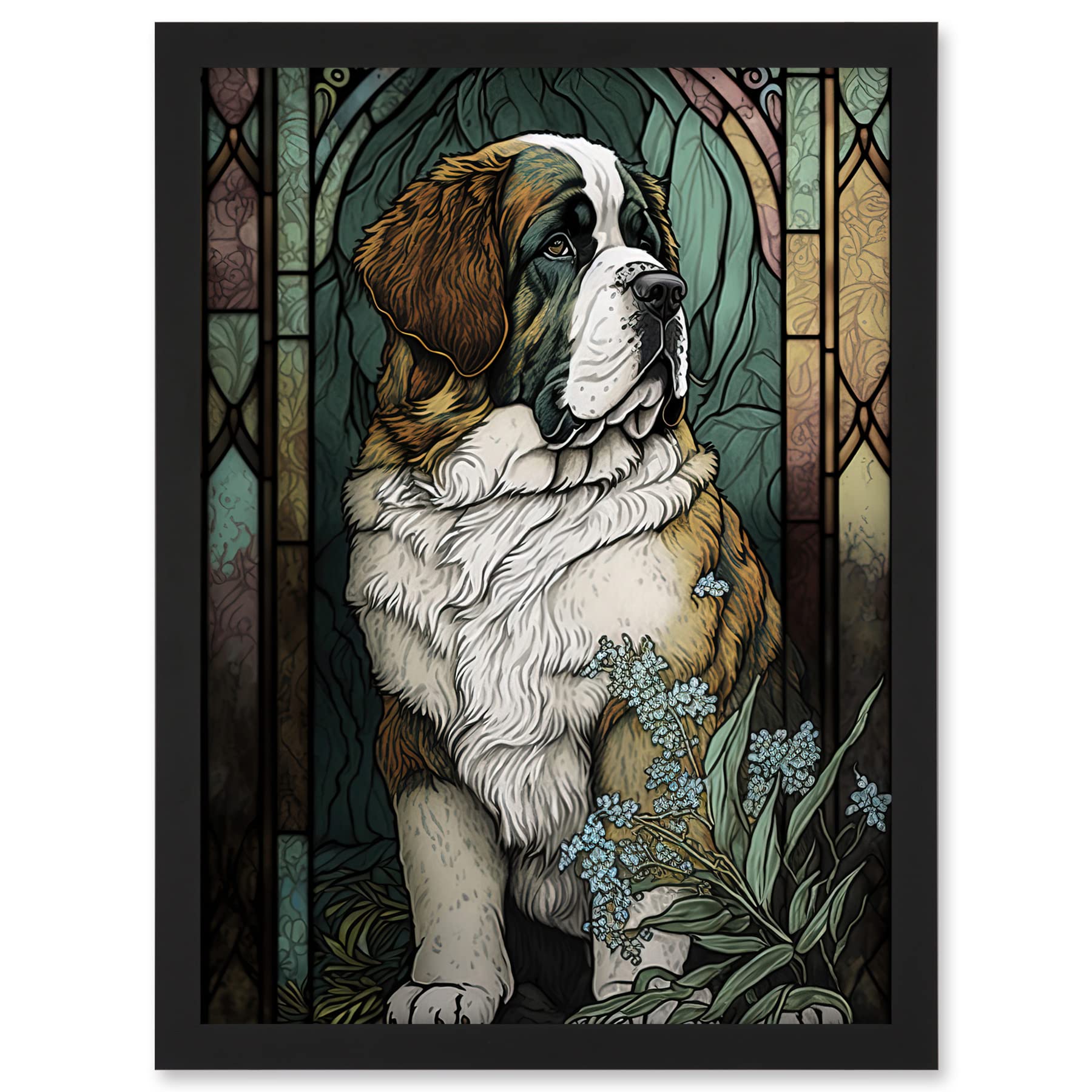 Artery8 St Bernard Dog with Silvery Lupine Flowers Modern Art Nouveau Illustration Artwork Framed A3 Wall Art Print
