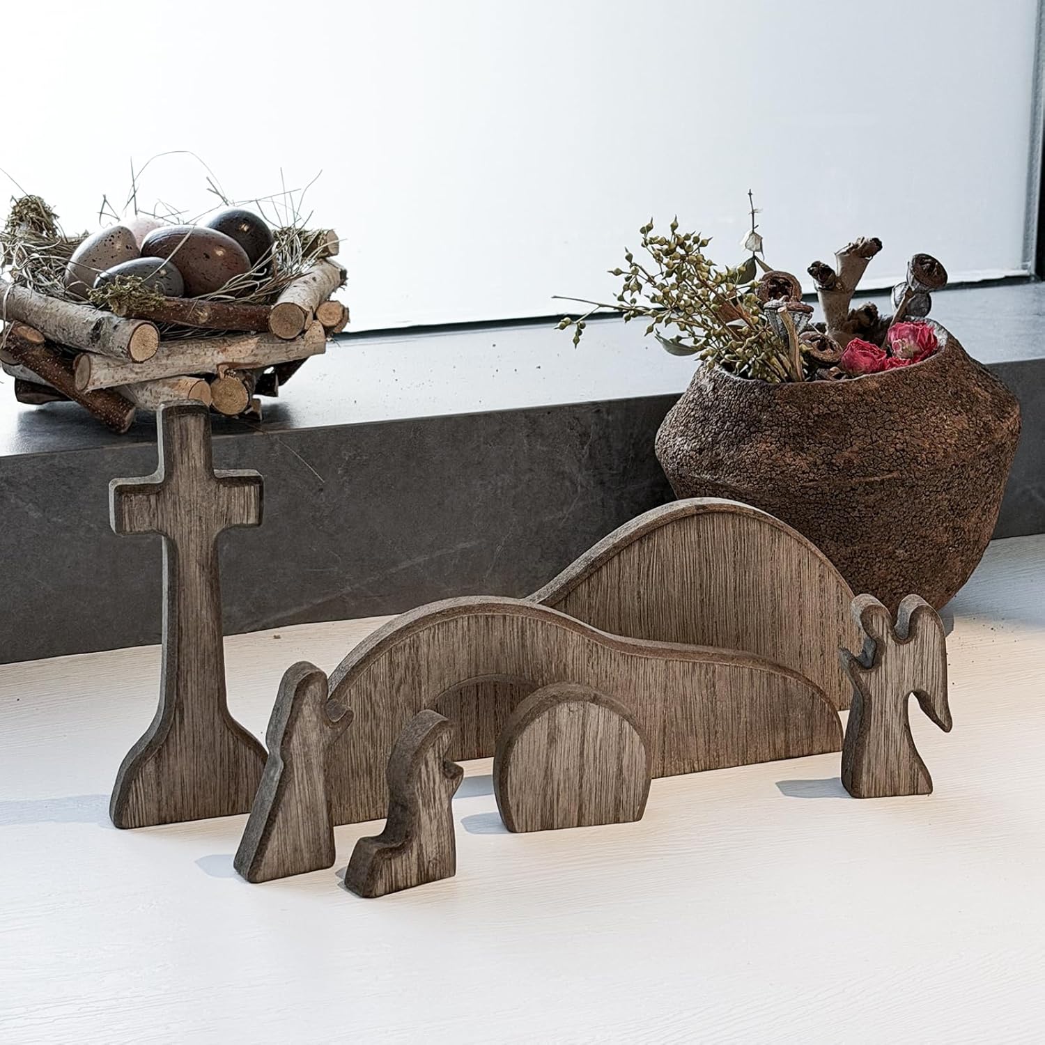 Empty Tomb Easter Scene and Cross Decoration, Wooden Easter Resurrection Scene Cross Jesus Tomb Tray Set, Jesus Nativity Scene Decor for Religious Home Office Tabletop Christian Gifts