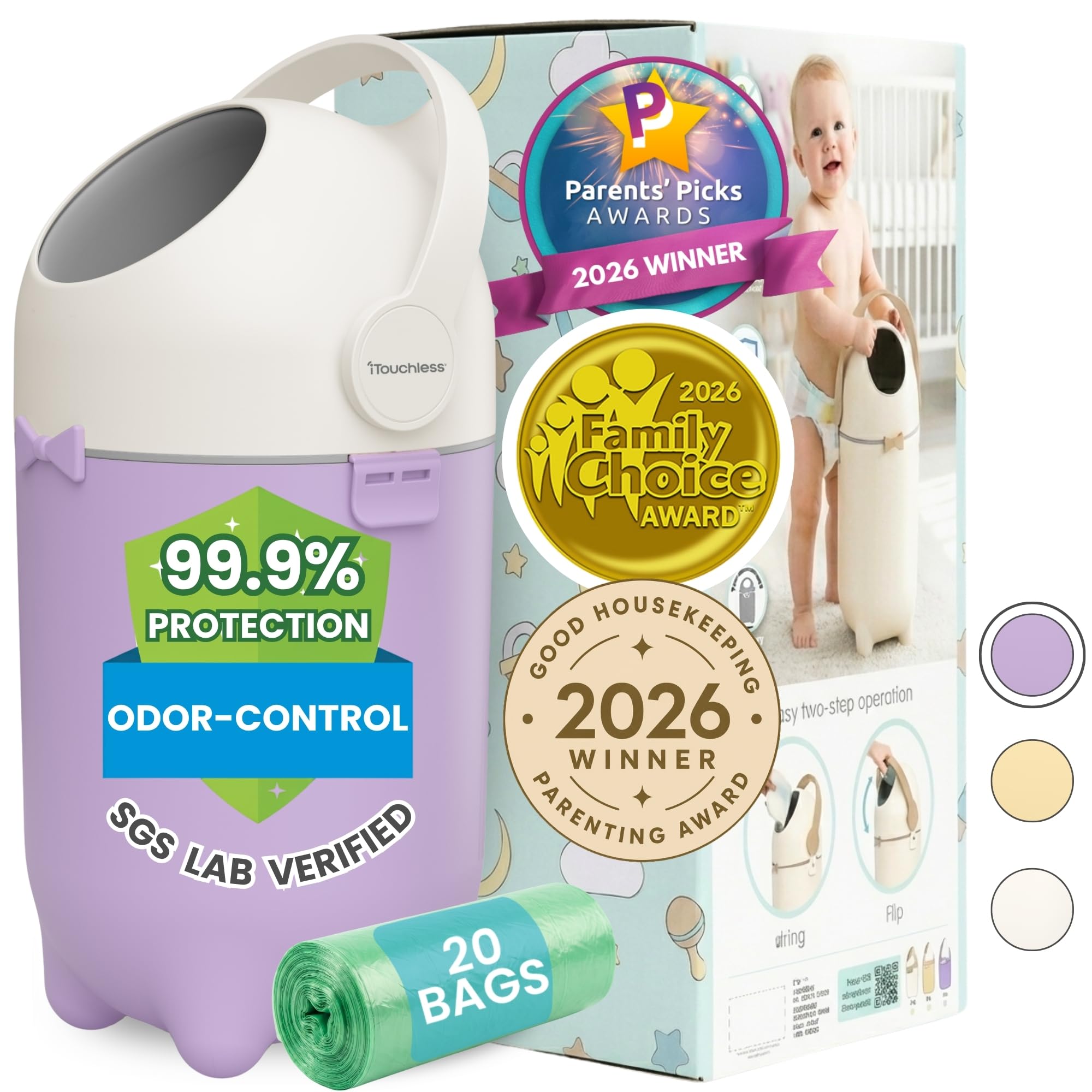 Award-Winning iTouchless Diaper Pail – Silver Ion Odor-Lock, Drop-Flip Lid – No Special Bags Needed – Airtight & Child-Safe – 20 Free Bags (Holds 300 Diapers) – Baby Registry Must-Have – Pastel Orchid-image-24
