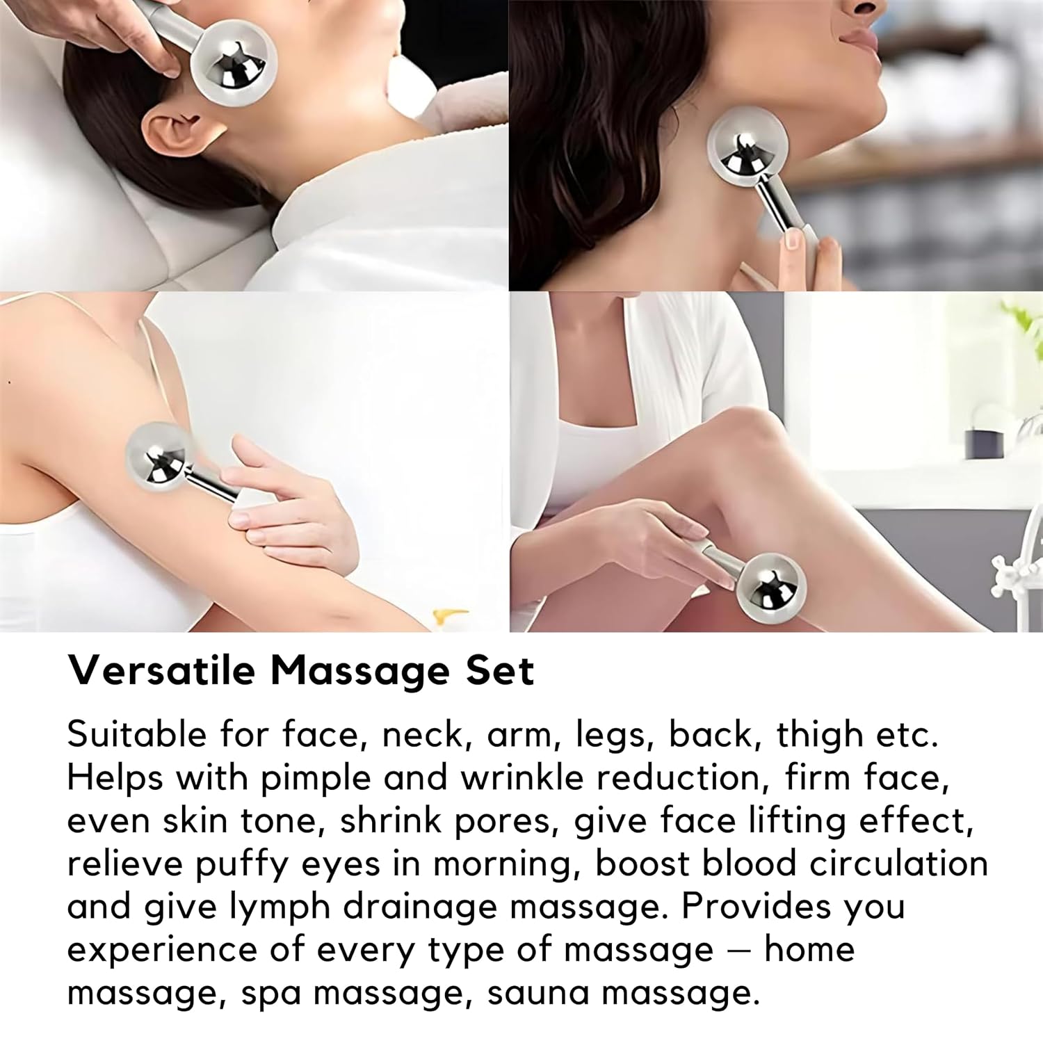 5pcs Stainless Steel Face Massager Tool Set Includes Ice Globes in 3 Different Size, Dual Ended Face Roller and Scraper for Women