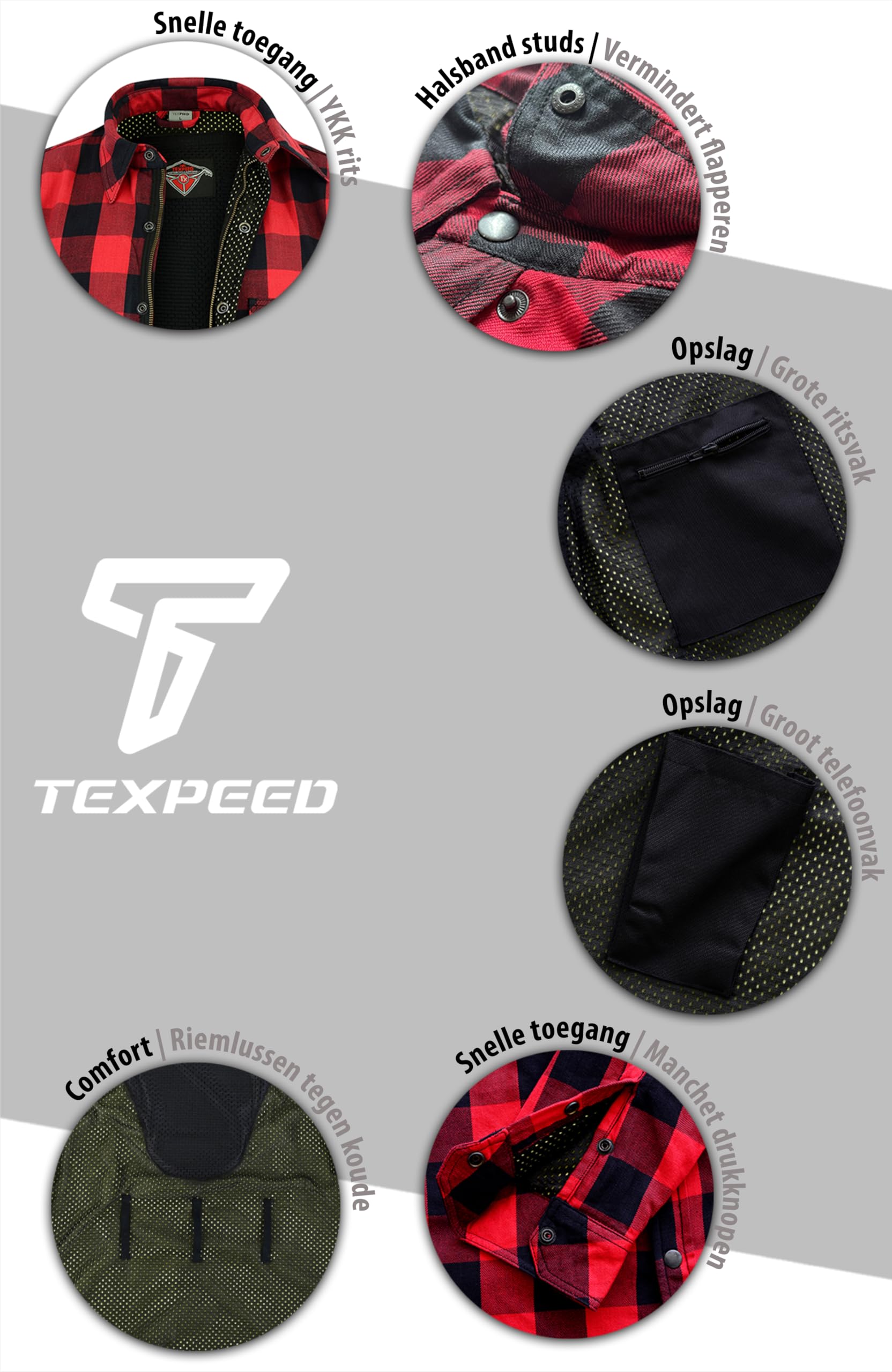 Motorshirt voor heren Aramid gevoerd met protectoren - Aramid 280 g/m2 con - gepantserd (EN 1621-1) - Motorjas Zomer - Texpeed - Rood - XXL
