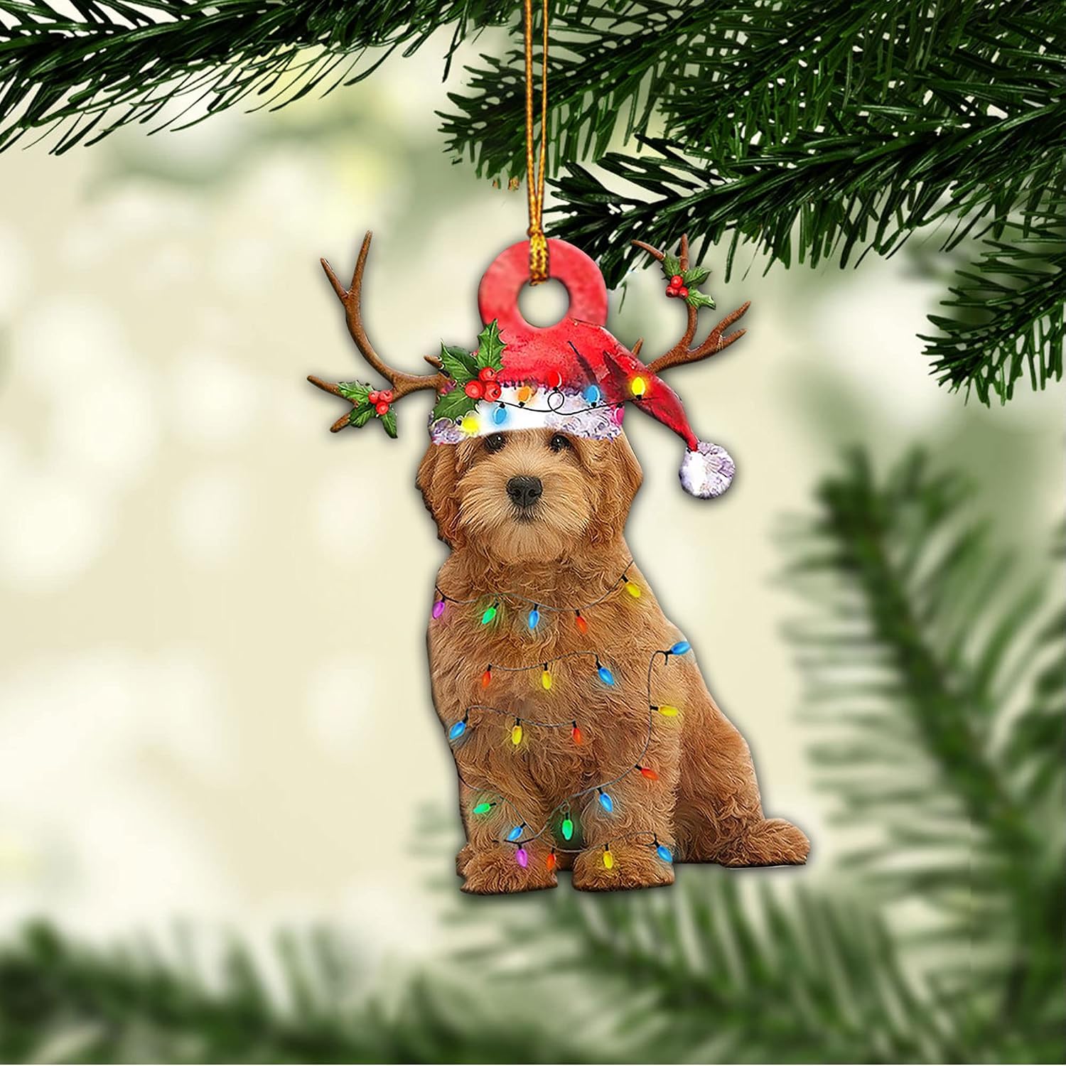 Talataca Goldendoodle Dog Wearing A Christmas Hat String Lights Groodle 2D Flat Car Rear View Mirror Accessories Christmas Tree Ornament Decoration Hanging Charm Interior Rearview Pendant Decor Gift