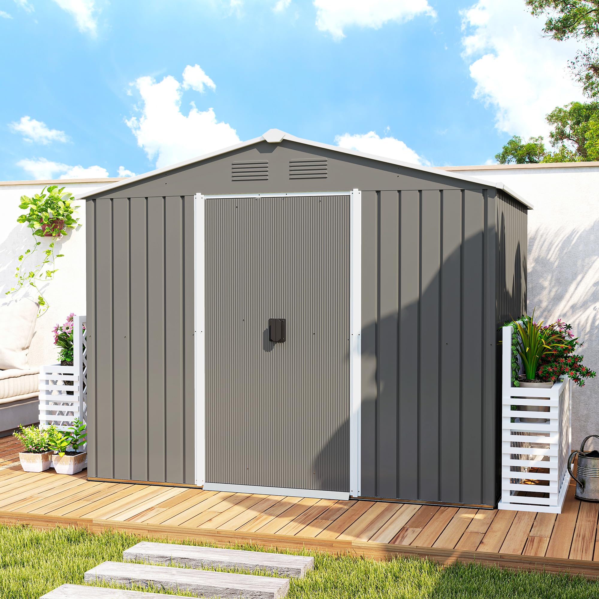 Outsunny Casetta da Giardino 3.6m² in Acciaio Zincato con Prese d'Aria, Capanno da Giardino con Tetto Inclinato, Doppie Porte Scorrevoli Bloccabili, Capanno Porta Attrezzi, 236x174x190cm, Grigio