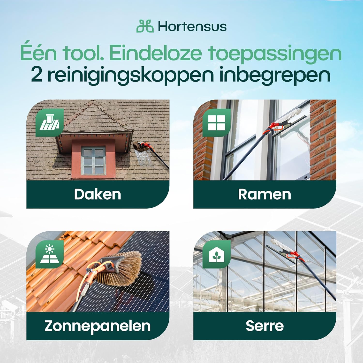 Collage showing various applications of the Hortensus cleaning system: roofs, windows, solar panels, and greenhouses