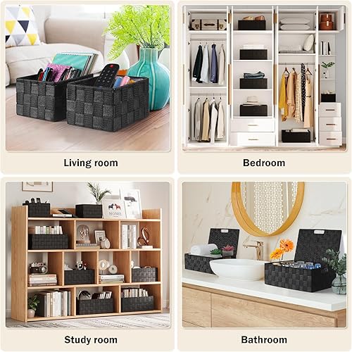 Miniatura 6 de Cestas de almacenamiento para organizar con tapas, cestas de almacenamiento para estantes, cesta tejida apilable, cesta pequeña de almacenamiento,