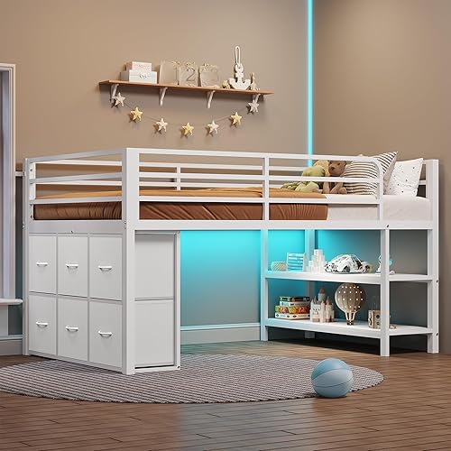 BTHFST Low Loft Bed Twin Size with 6 Storage Drawers, LED Lights, 2 Tier Storage Shelves, Kids Metal Loft Bed with 15" H Stairs & Safety Guardrail, Spave Saving, White
