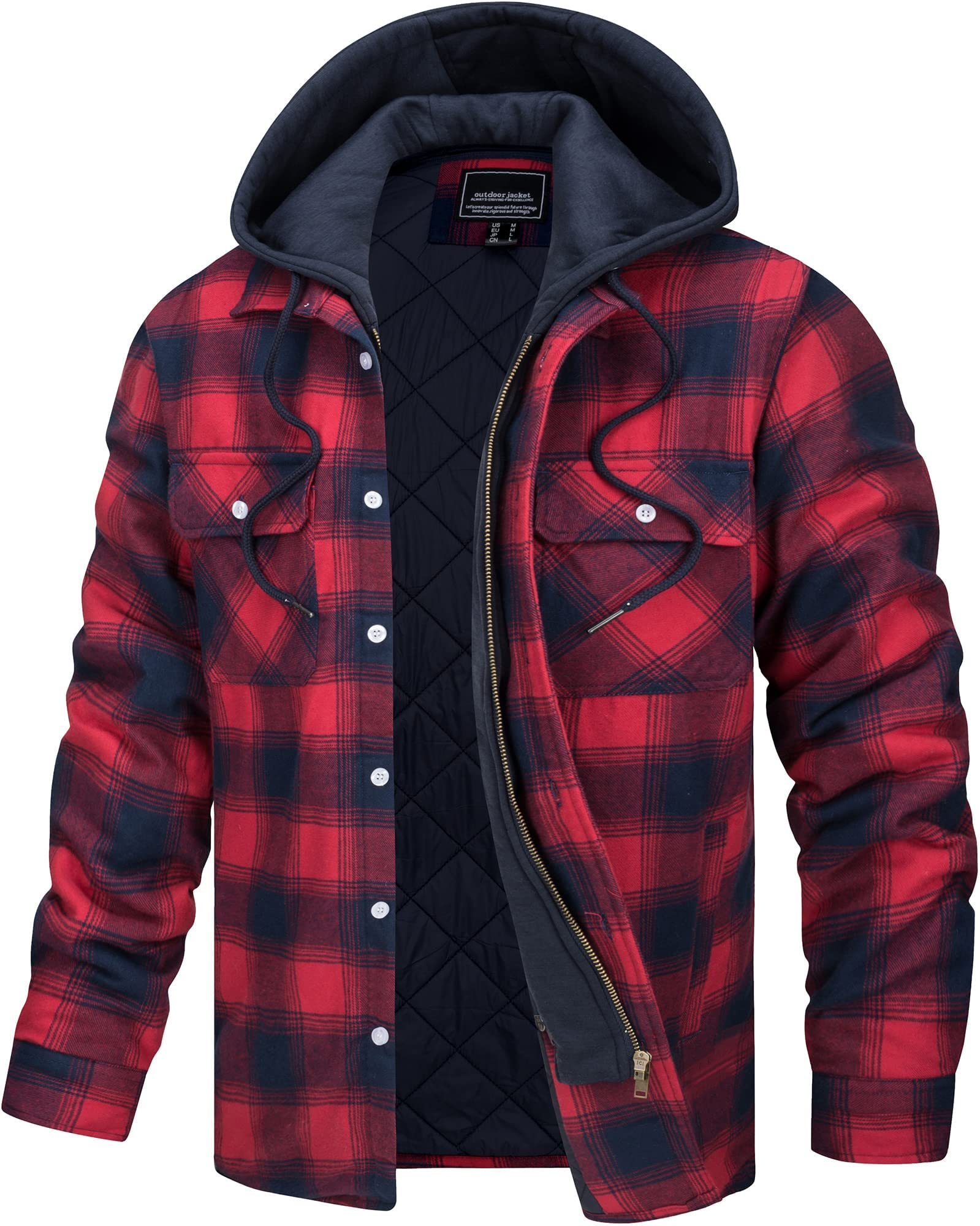 TACVASEN Herren Kariert Hemdjacke Gefüttert Holzfällerhemd Flanellhemd Übergangsjacke Freizeithemden mit Abtrennbare Kapuze