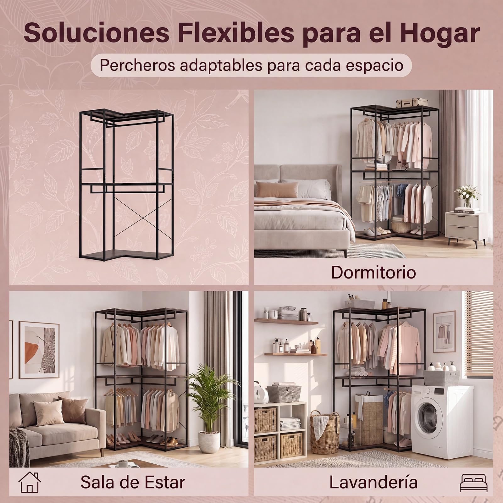 GYMAX Perchero de Pie en Forma de L, Guardarropa de 3 Niveles Independiente con Estantes Abiertos, Barras para Colgar, Estructura Metálica, Armario Organizador de Ropa Esquinero para Salón Dormitorio