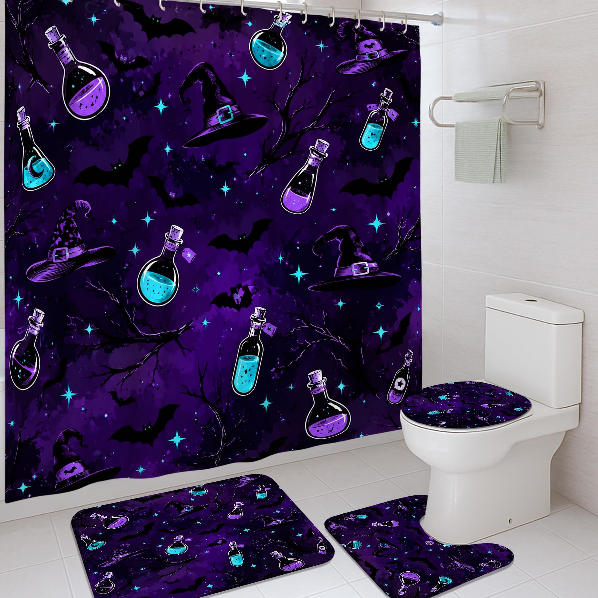 Rideau de douche Halloween anti-éclaboussures violet motif sorcière