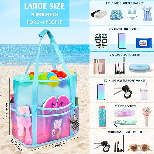 Miniatura 5 de Bolsa de playa de malla, bolsa de playa grande para niñas y mujeres, bolsas de natación para piscina con cremallera, 10 bolsillos, bolsa de playa