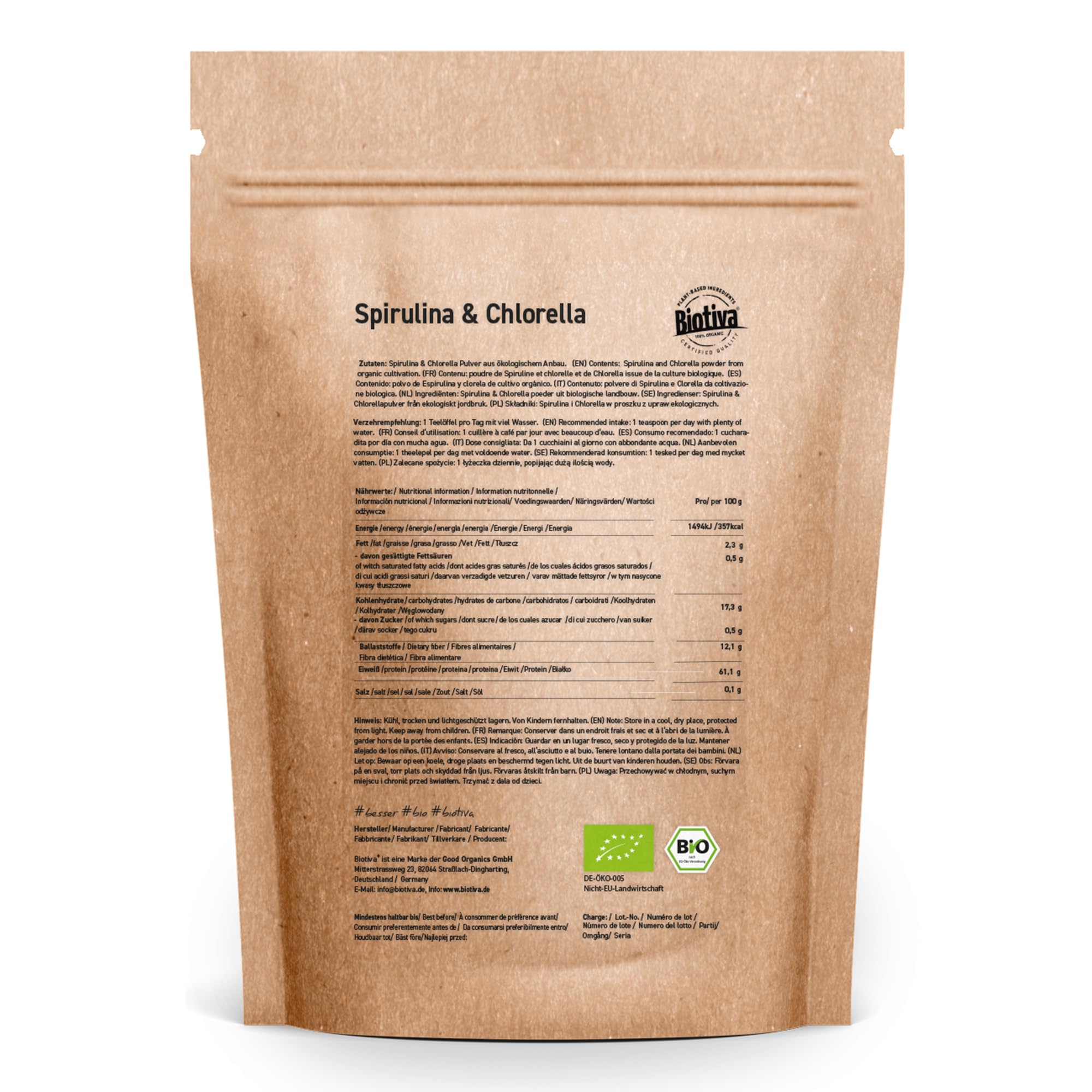 Clorella e spirulina in polvere Bio 500g | alghe | Chlorella vulgaris | confezionato e controllato in Germania | Biotiva