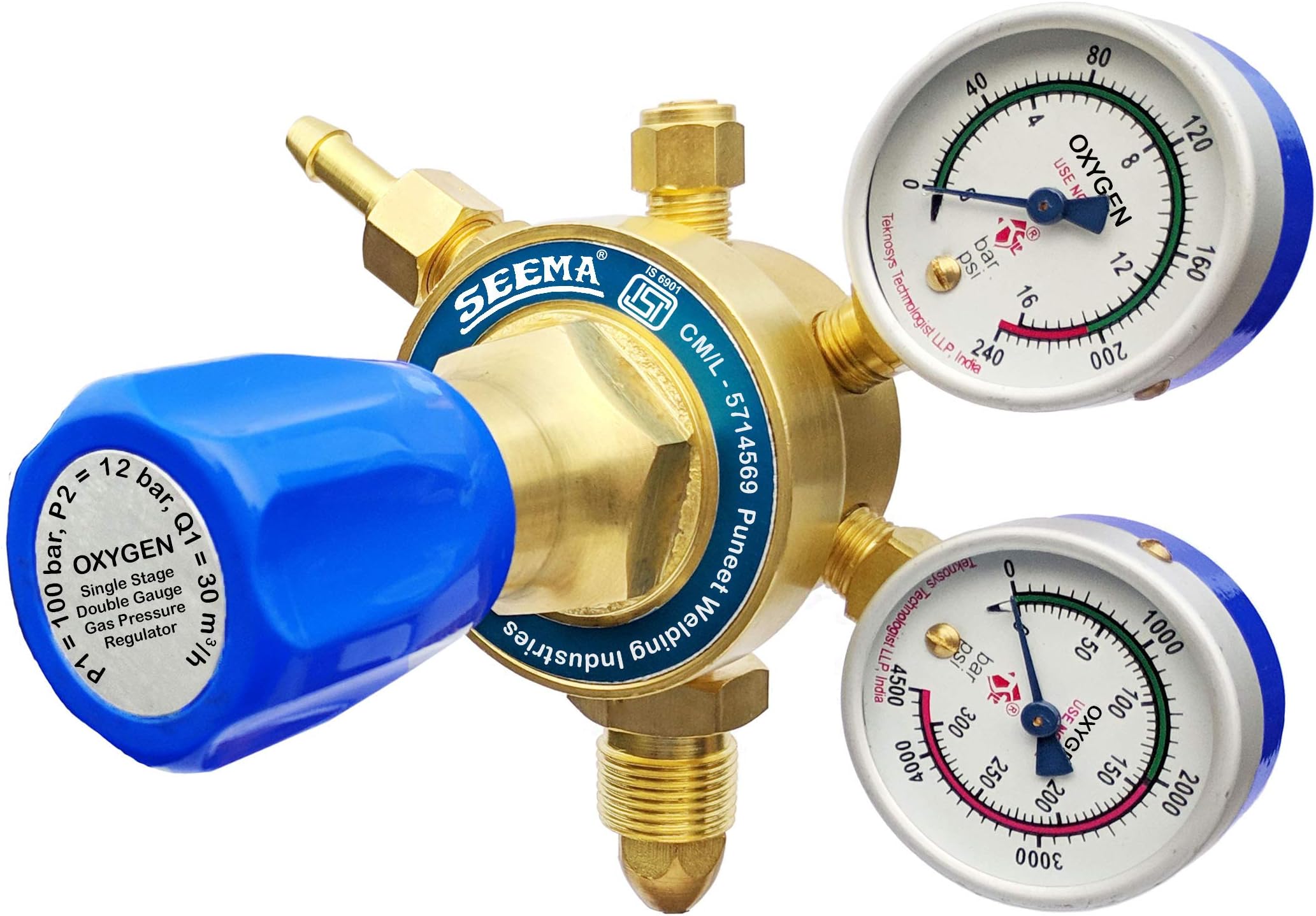 SEEMA® Single Stage Double Gauge Oxygen Gas Pressure Regulator (Heavy Duty) (Yellow) (ISI Certified)