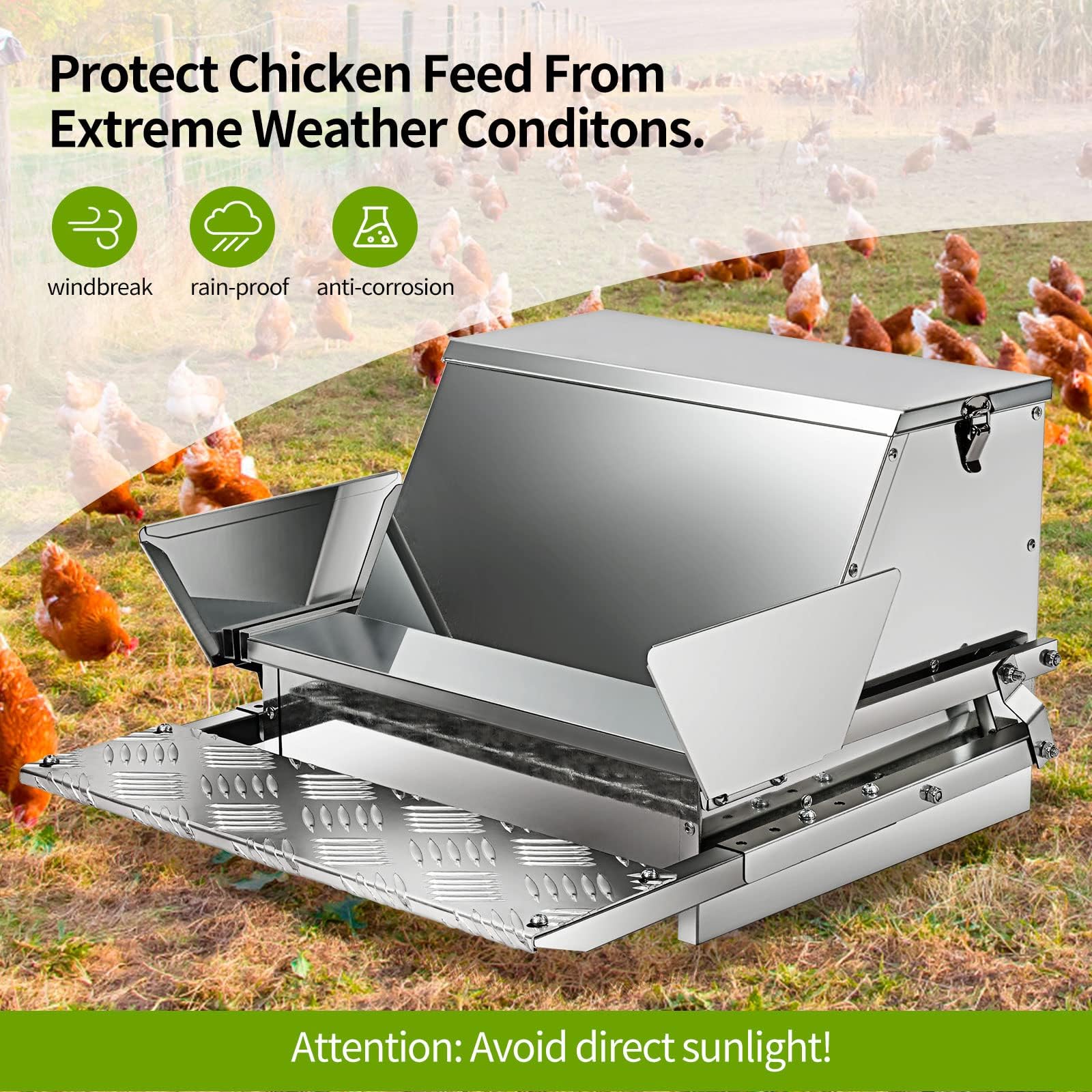 RYFT Comedero automático de pollo de gran capacidad de acero galvanizado con cubierta resistente a la intemperie, para pollos, faisanes, gallo, patos y aves de corral