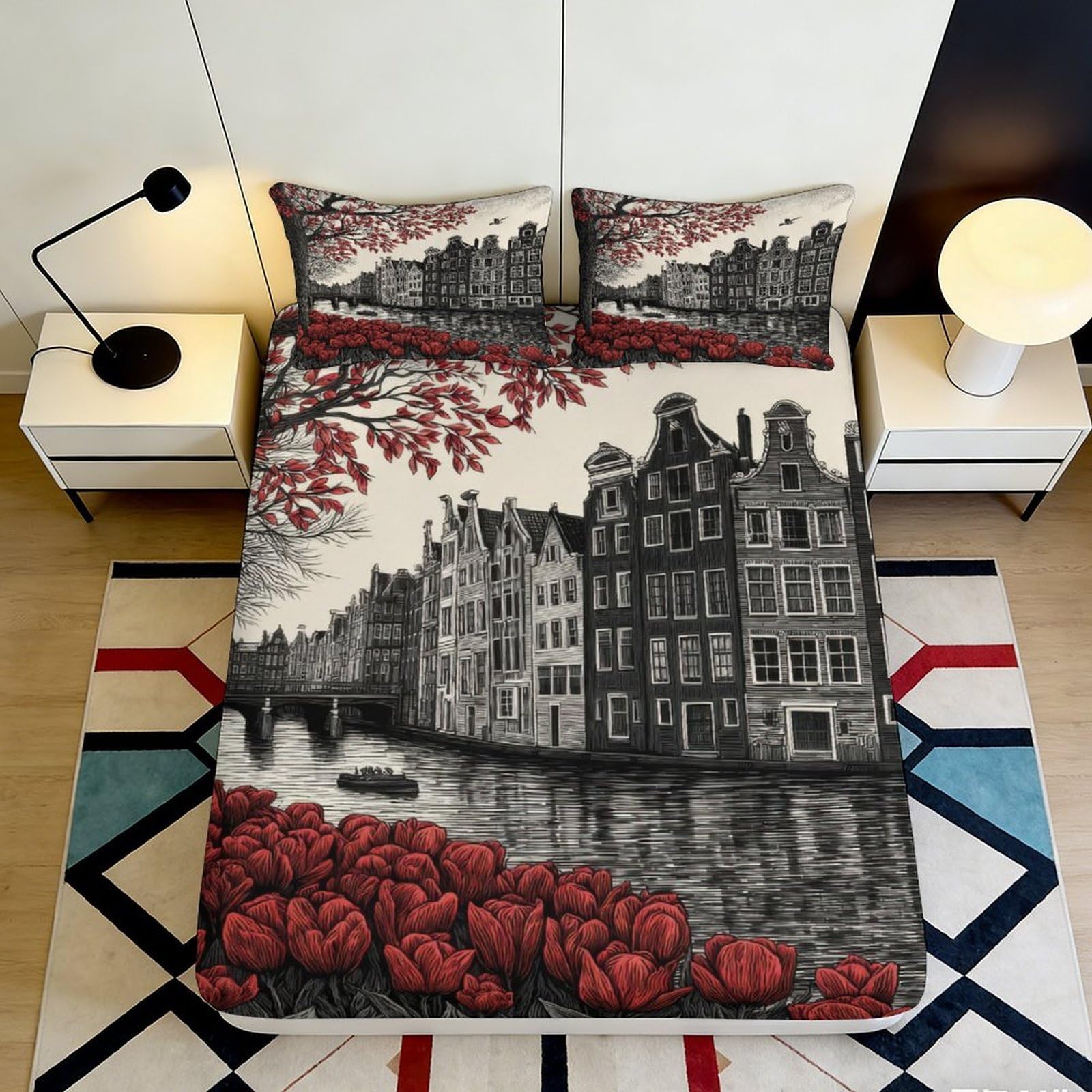 3D Printed Amsterdam Canal View Fitted Sheet Microfiber Tulip Mattress Cover Bedroom Decor for All Ages 114 120x200x25cm