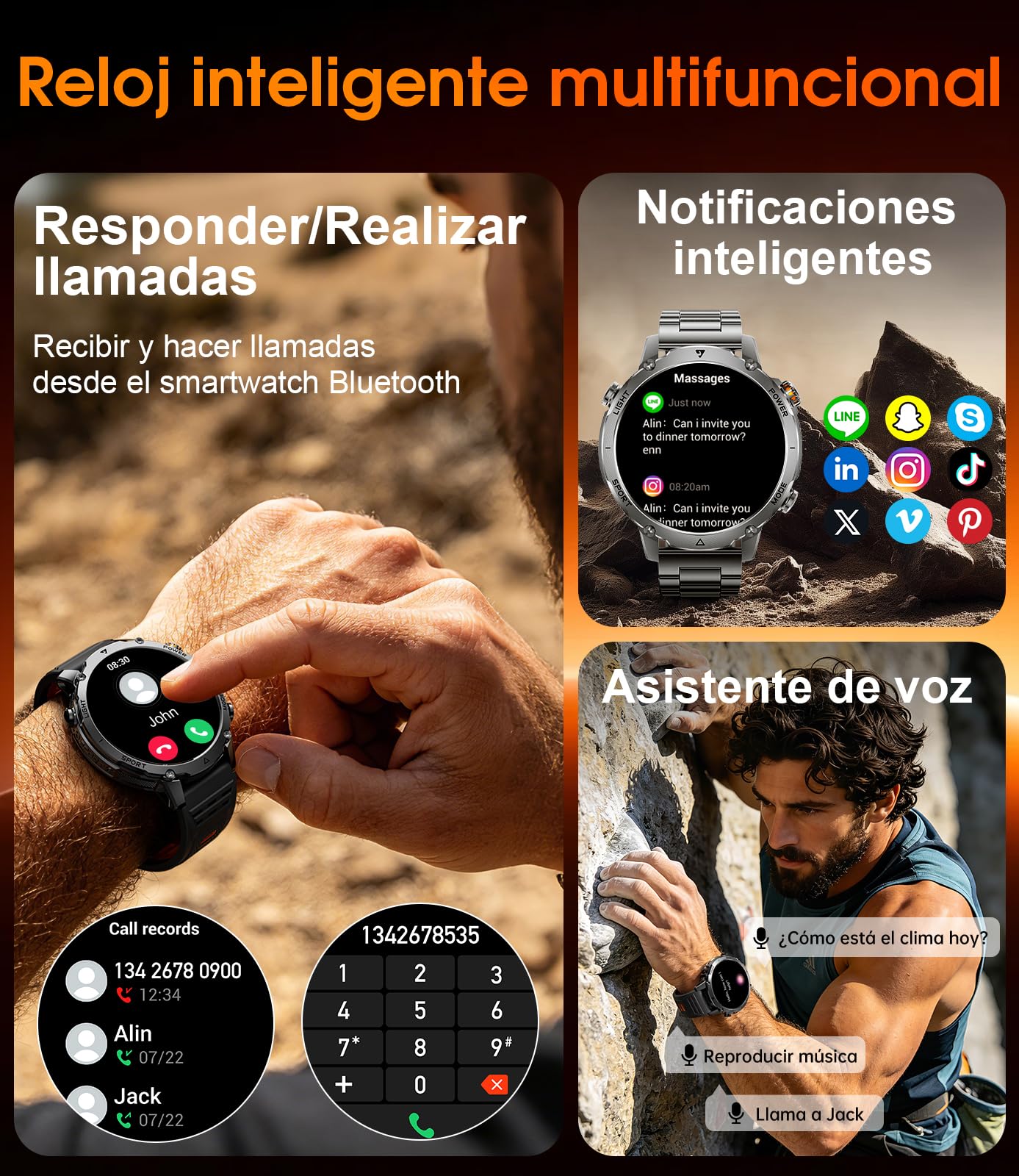 LIGE Smartwatch Hombre Militar, Batería 1400mAh, Pantalla HD 1,7", Llamadas Bluetooth, 110+ Modos Deportivos, Linterna LED, IP68 Impermeable, Reloj Inteligente Hombre Android iOS, 2 Correa
