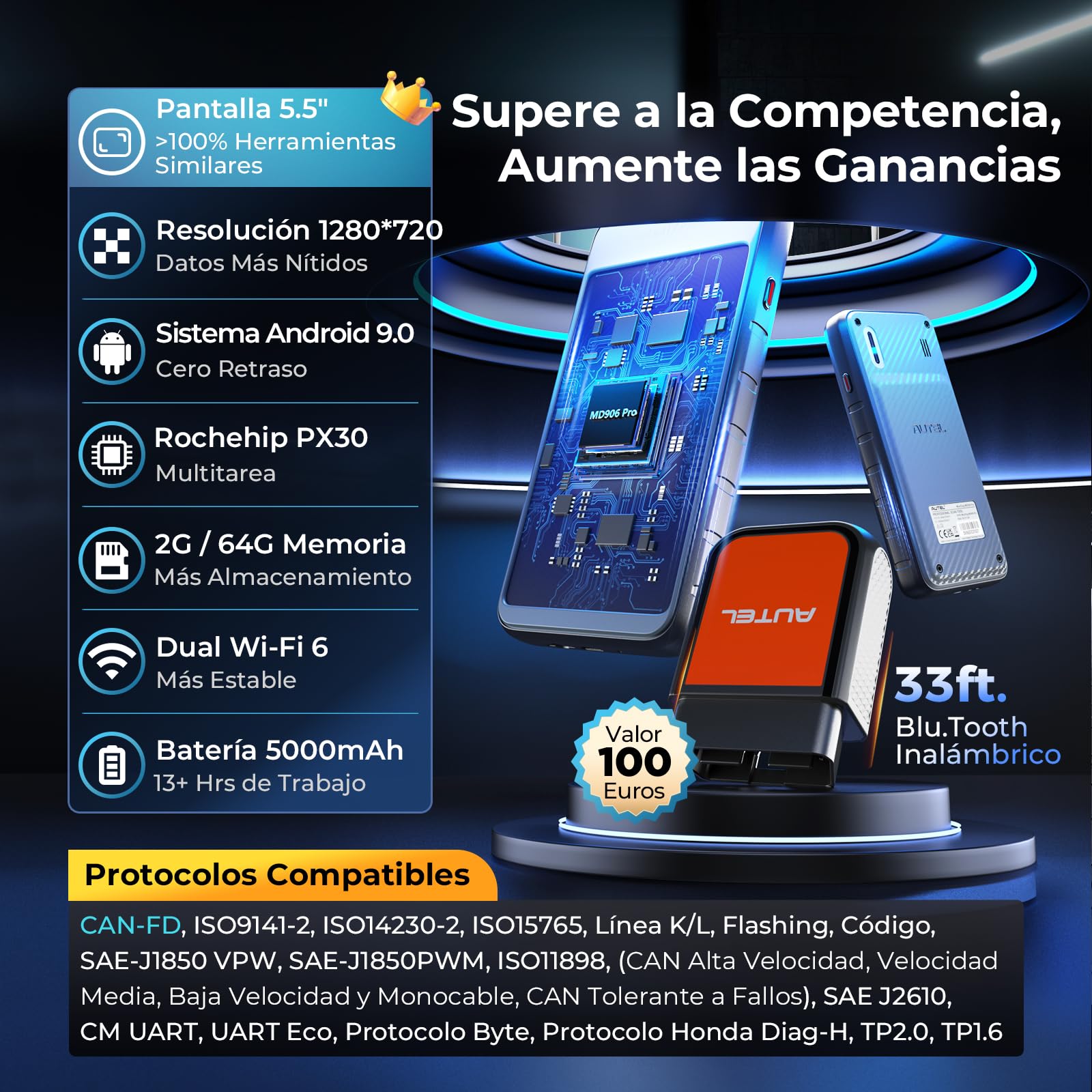 Autel MaxiDiag MD906PRO Diagnosis Coche Multimarca: 2025 Bluetooth Ver. de MaxiCOM MK808S MX808S, Sucesor de MD808PRO MD806 OBD2 Maquina Diagnosis, FCA SGW CAN FD,11 Servicio, Sin Cargo de Suscripción