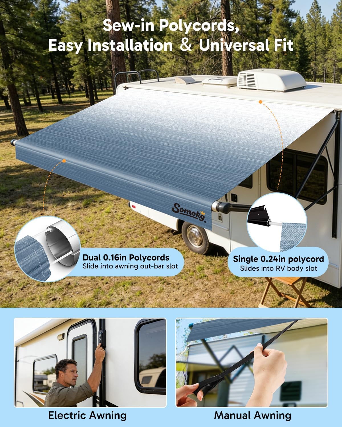 RV Awning Fabric Replacement, 19.5oz Heavy-Duty Vinyl Camper Awning, Heat-Sealed Seamless, DIY Setup, UPF 50+ Waterproof Canopy for Camper, Trailer, Motorhome (Glacier Blue, 18FT(Fabric 17'2"))