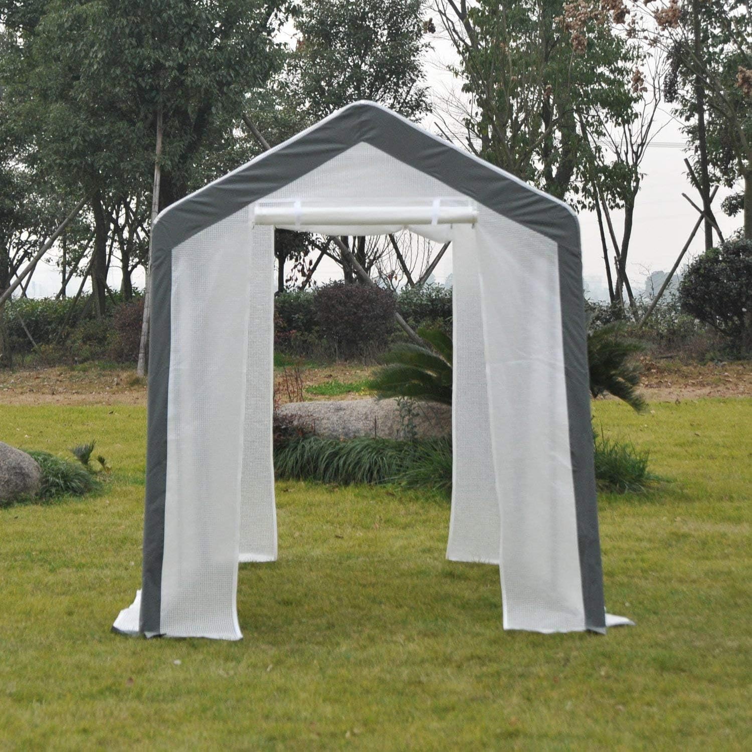 Outsunny 8' x 6' x 7' Walk-in Greenhouse, Outdoor Garden Warm Hot House with 4 Roll-up Windows, 2 Zippered Doors and Weather Cover, White