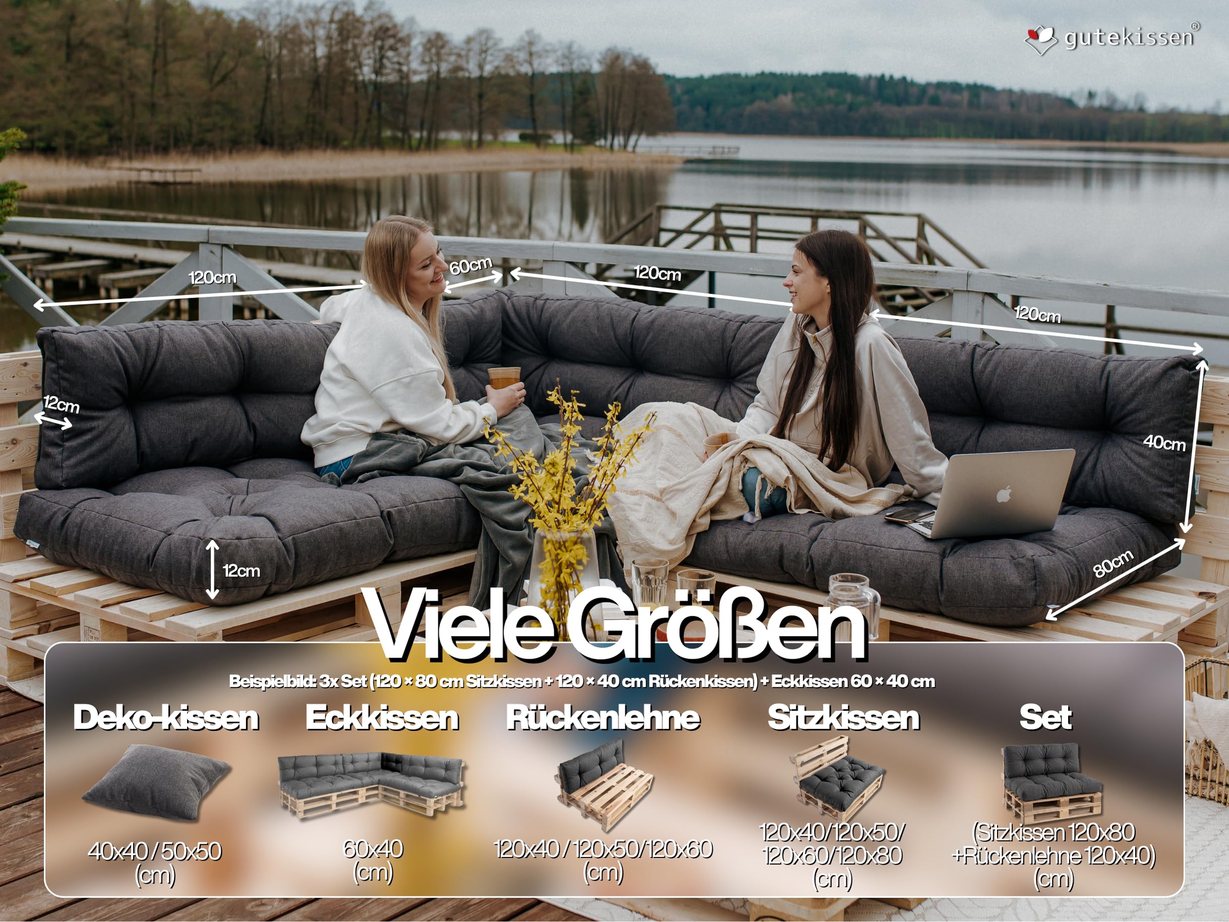 Gutekissen® Pallet Cushion, Pallet Cushion, Weatherproof Cushion for Garden Sofa, in Various Colours and Sizes (Cushion Set 120 x 80 + Back 120 x 40), Grey and Waterproof - 3