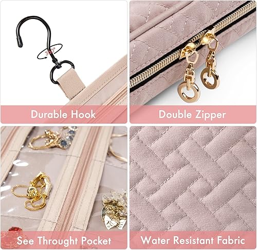 Miniatura 5 de SFYBYHEART Estuche organizador de joyas de viaje, bolsas de viaje para mujer, estuche de viaje de gran capacidad para aretes sin enredos, collares,